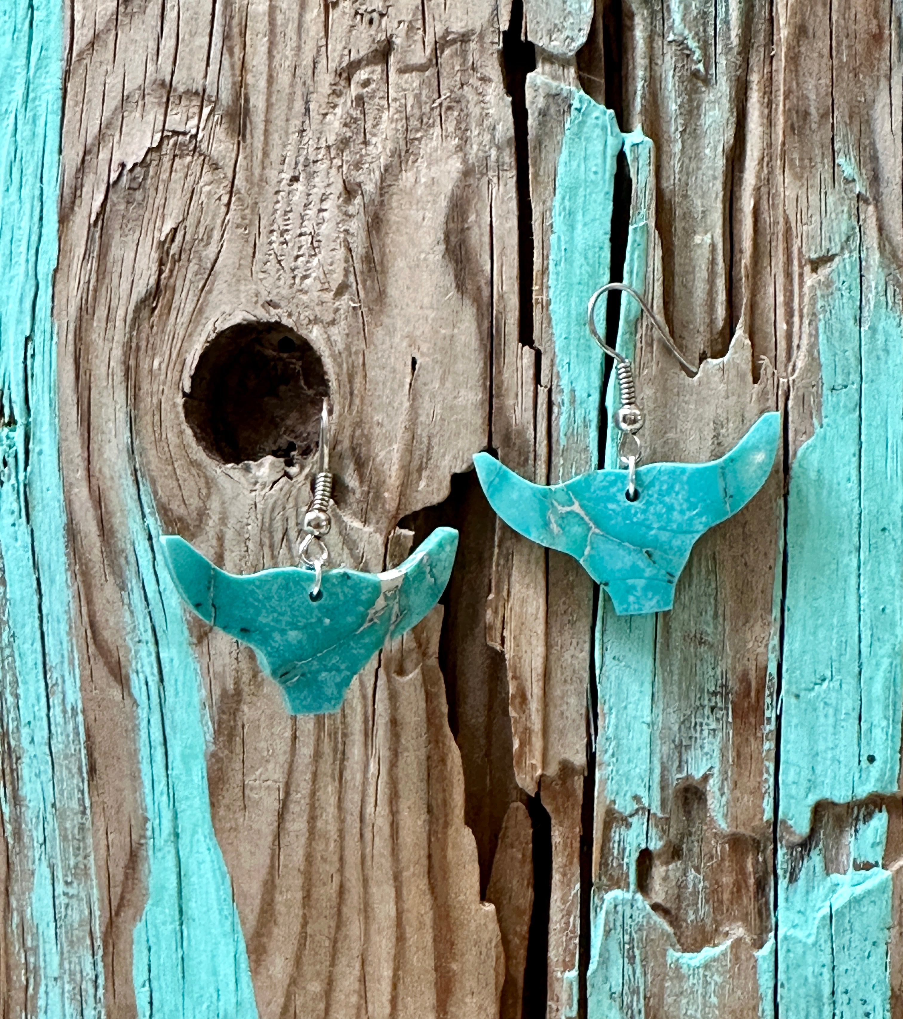 Handcrafted Blue Indigo Turquoise & Sterling Silver Bull head Slab Earrings