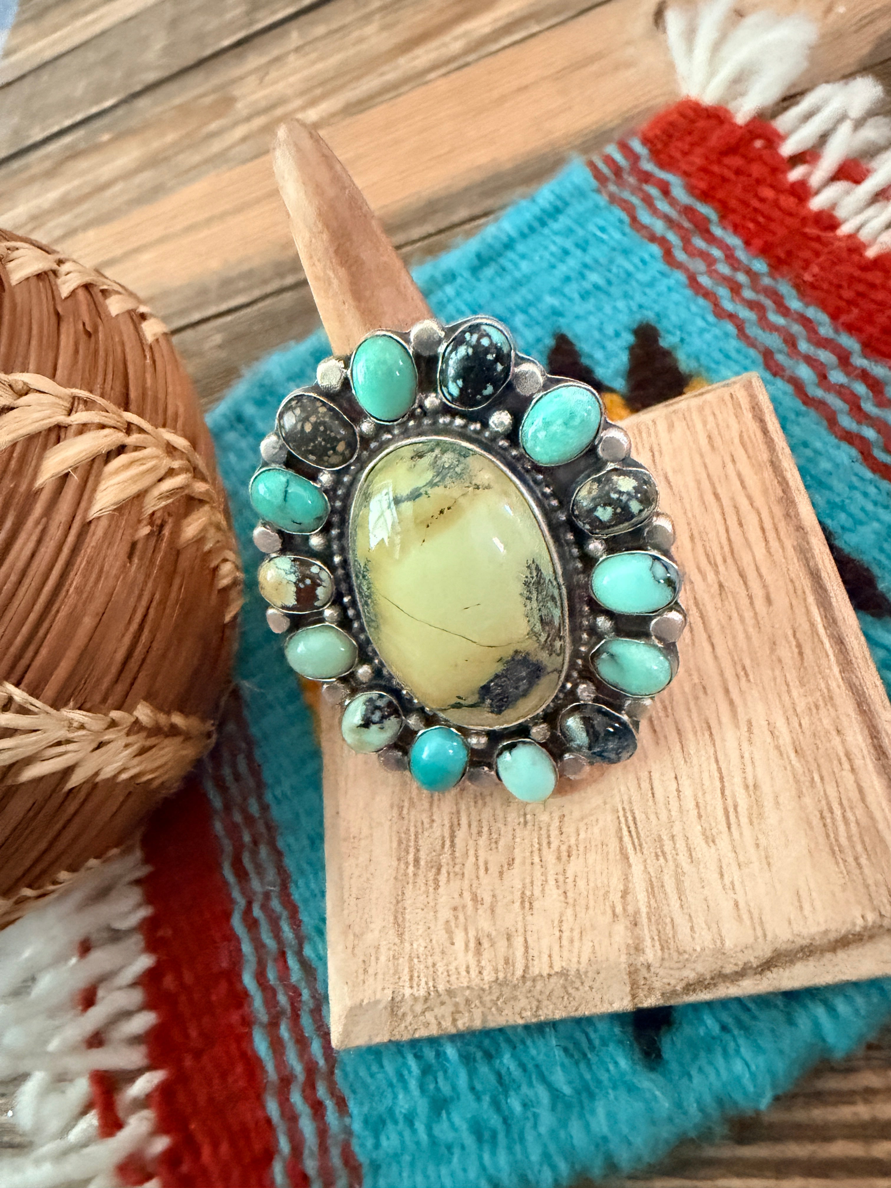 Handcrafted Multi Turquoise & Sterling Silver Cluster Ring by Sheila Becenti Size 7.25