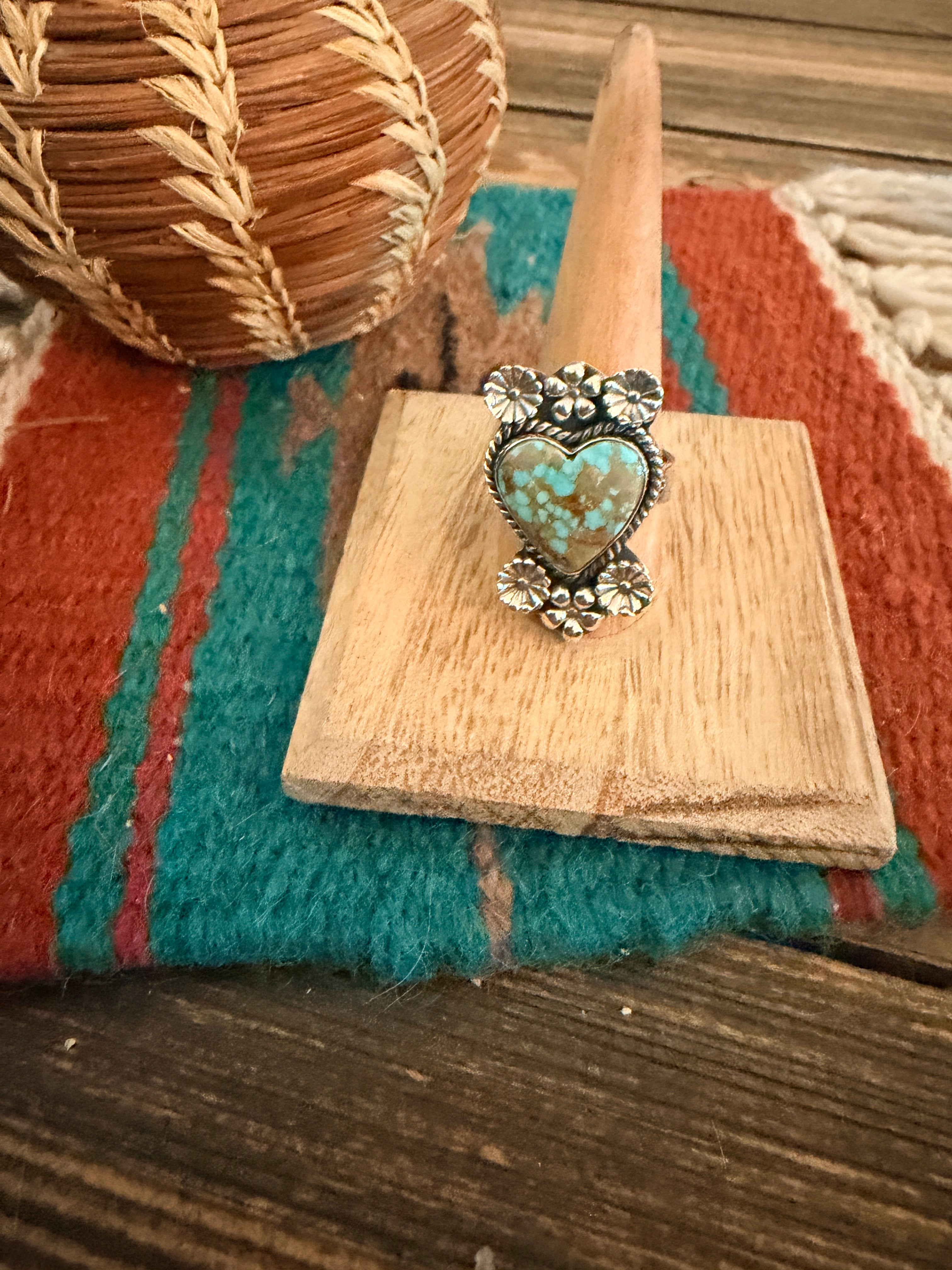 Handmade Sterling Silver Number 8 Turquoise Adjustable Heart Ring Signed Nizhoni