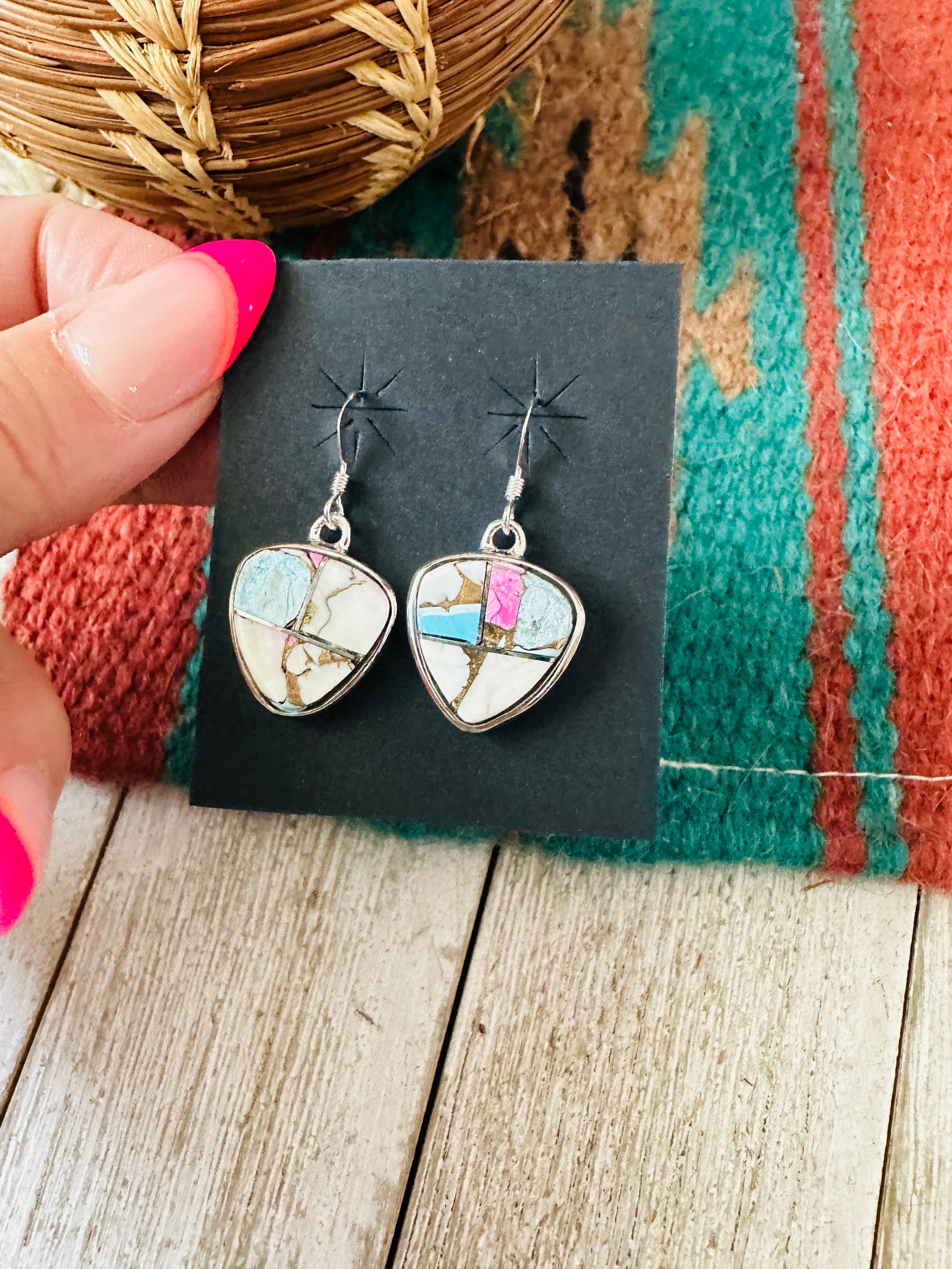 Handcrafted Cotton Candy and Sterling Silver Inlay Dangle Earrings