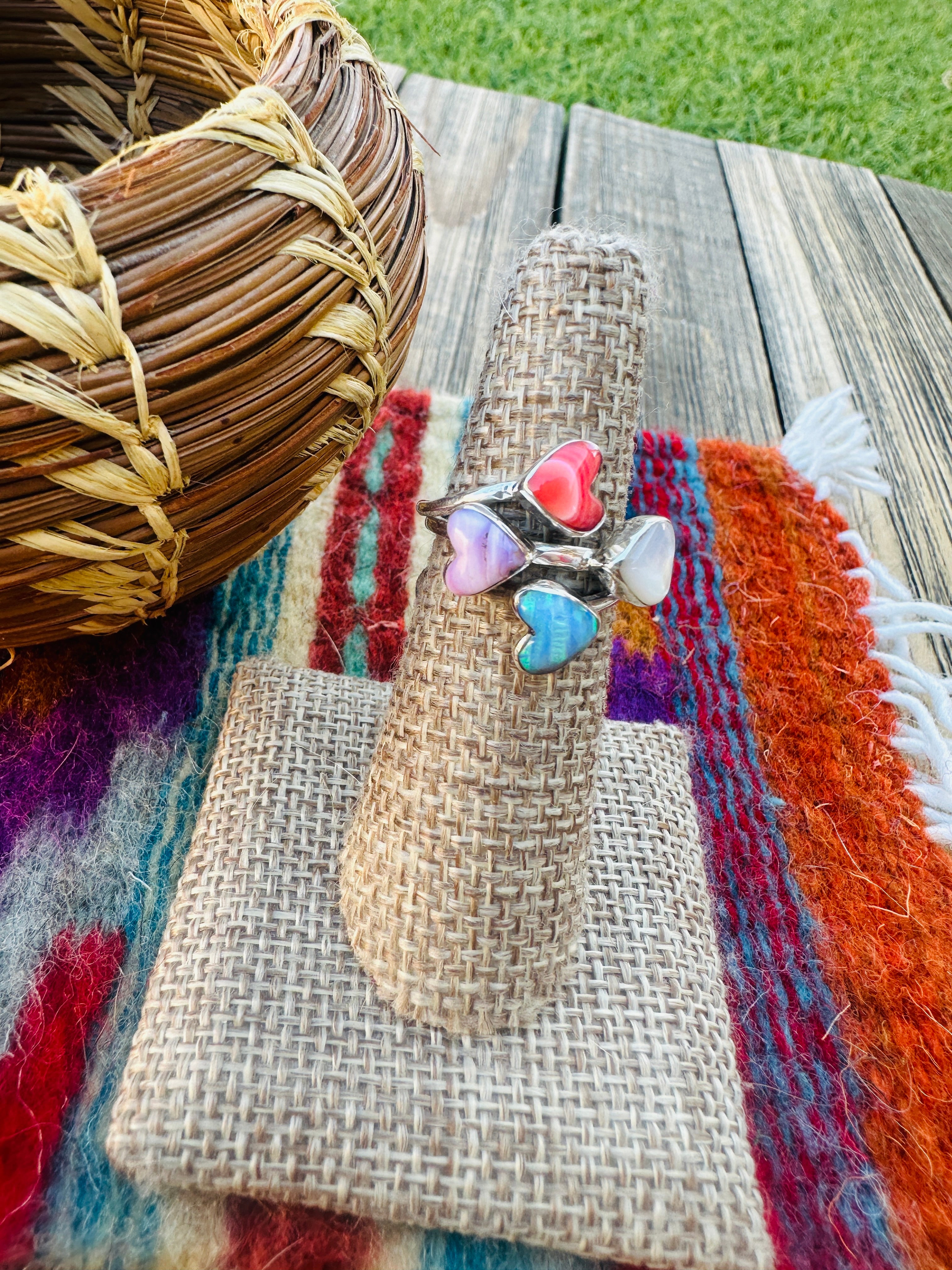 Handcrafted Multi Stone & Heart Ring Size 8