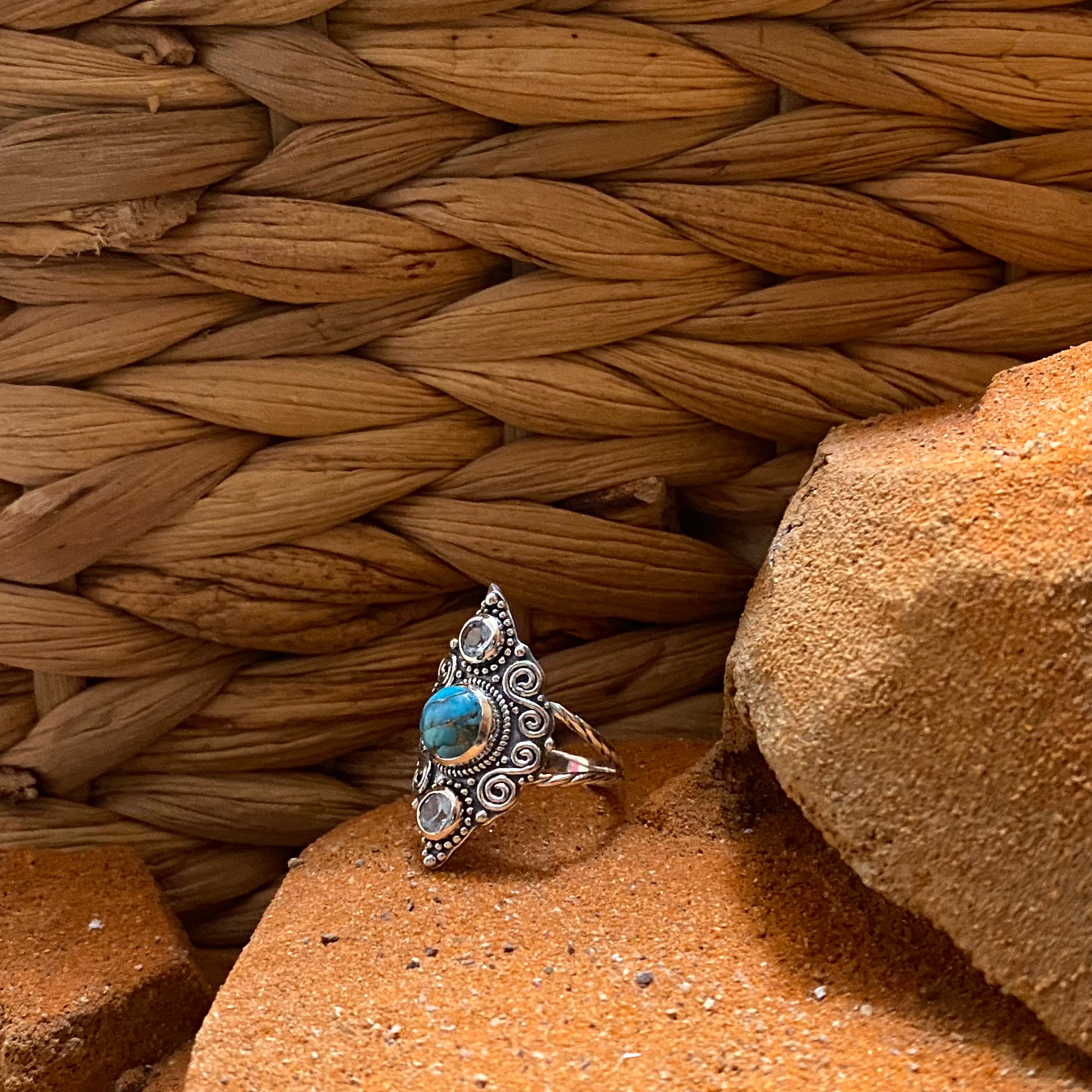 Sterling Silver Etched Copper Turquoise & Blue Topaz Ring Size 8.75