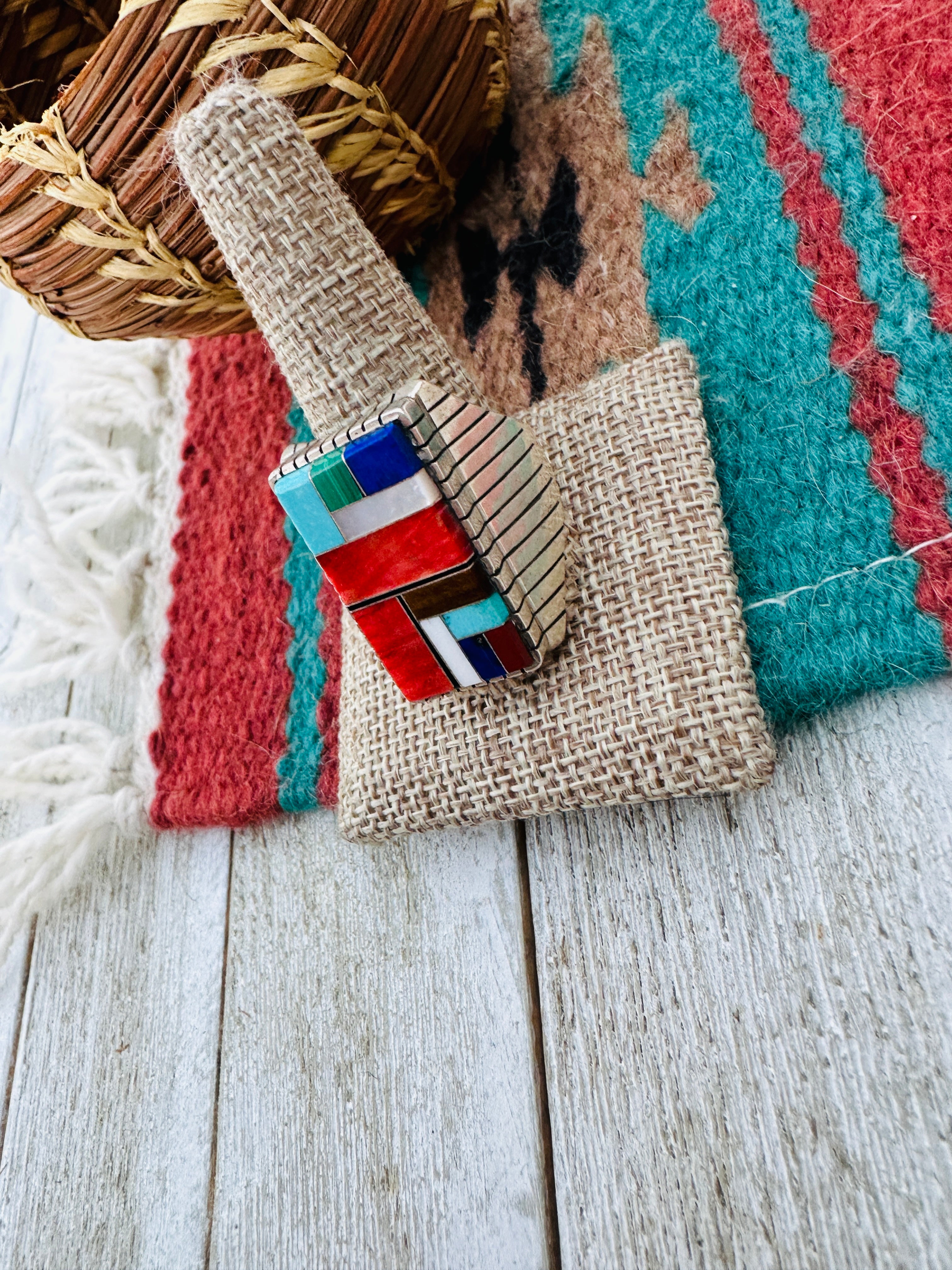 Old Pawn Navajo Sterling Silver & Multi Stone Inlay Ring Size 12.5