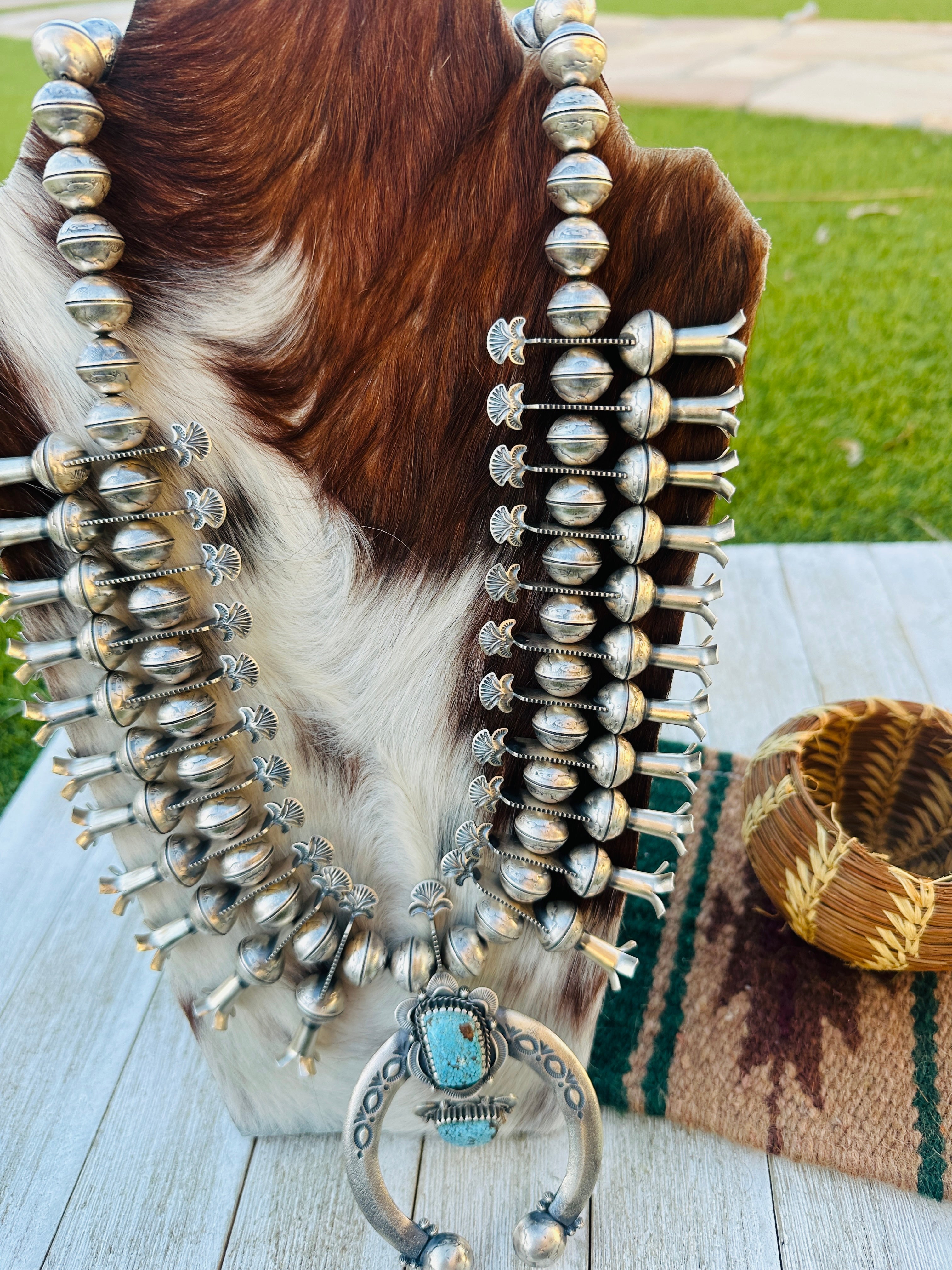 Handcrafted Vintage Old Pawn Turquoise & Sterling Silver Beaded Squash Blossom Necklace by James McCabe