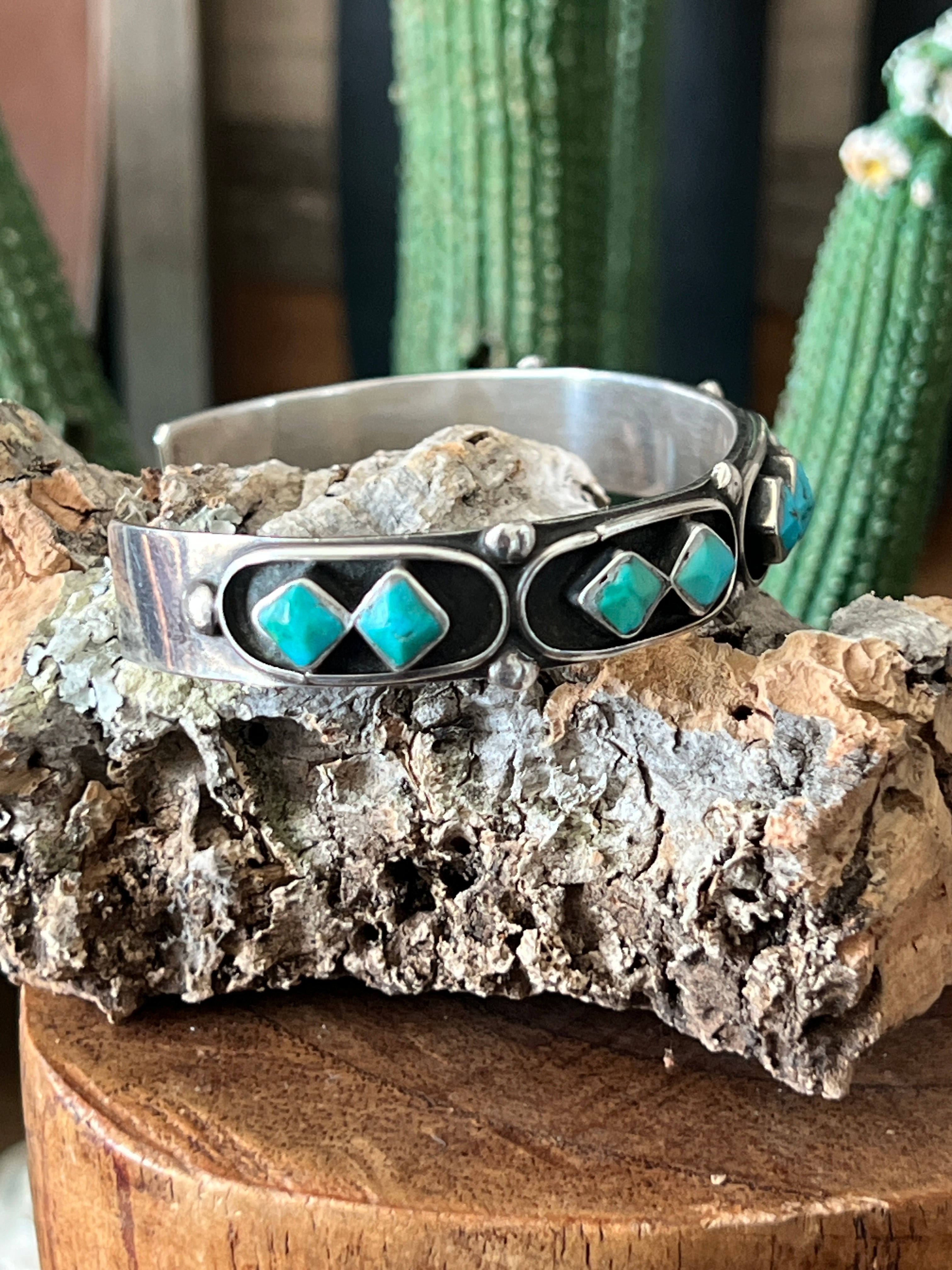 Handcrafted Vintage Sterling Silver and Four Diamond Turquoise Panel Stacker Cuff Bracelet