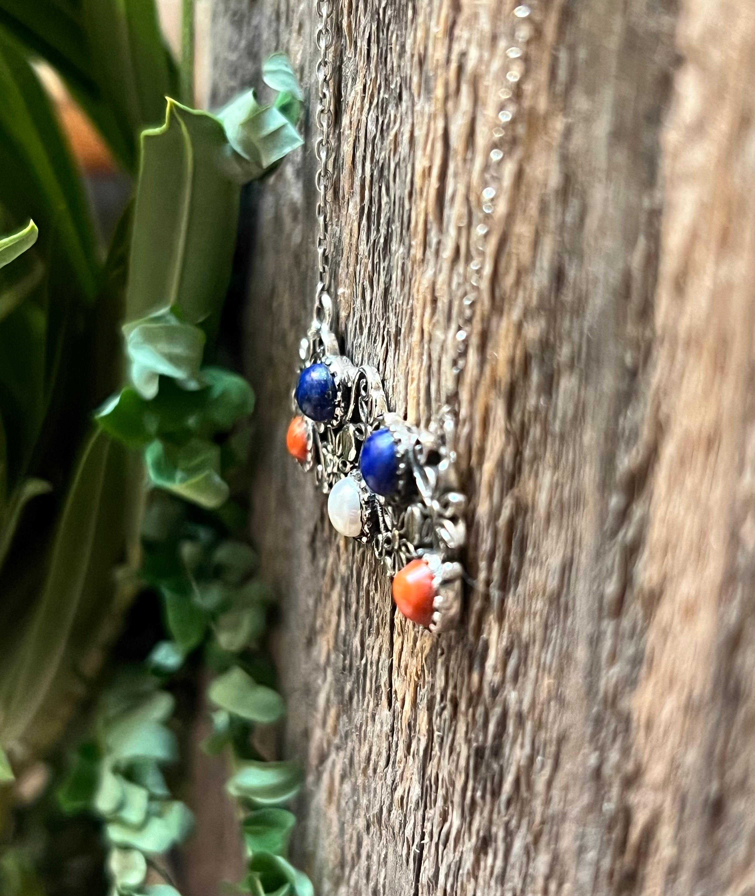 4TH OF JULY COLLECTION Handmade Coral, Pearl, Lapis & Sterling Silver Flower Bar Necklace