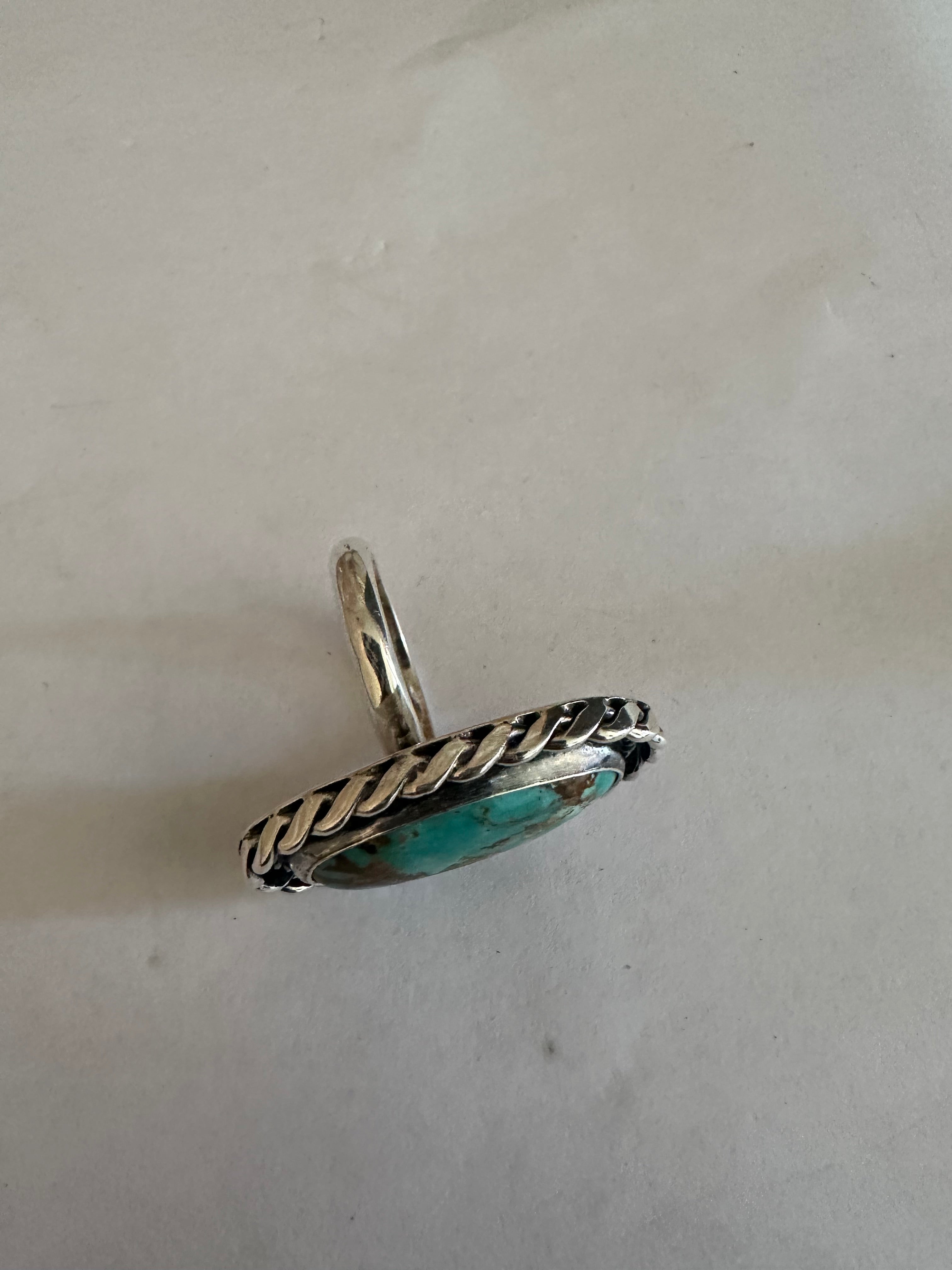 Handcrafted Sterling Silver & Single Stone Turquoise Adjustable Ring OVAL STYLE Signed