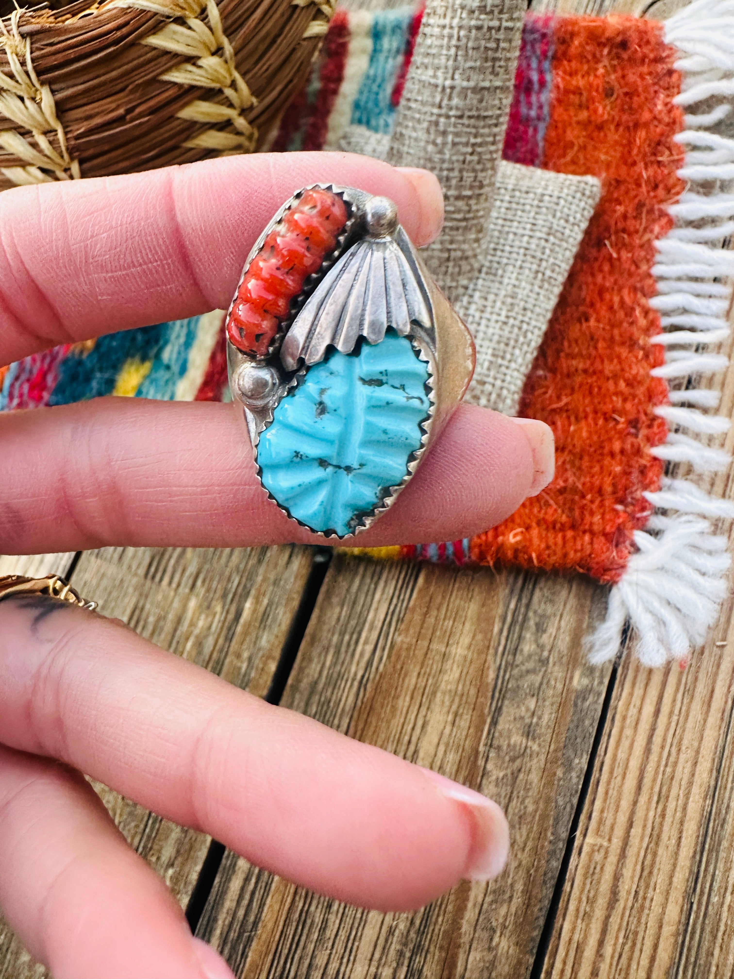 Old Pawn Handcrafted Turquoise, Coral & Sterling Silver Ring Size 12