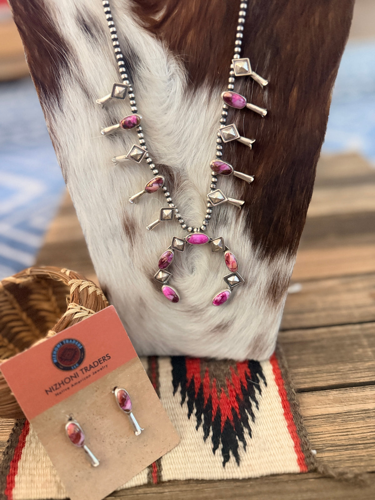Handcrafted Pink Mojave & Sterling Silver Squash Blossom Necklace and Earring Set