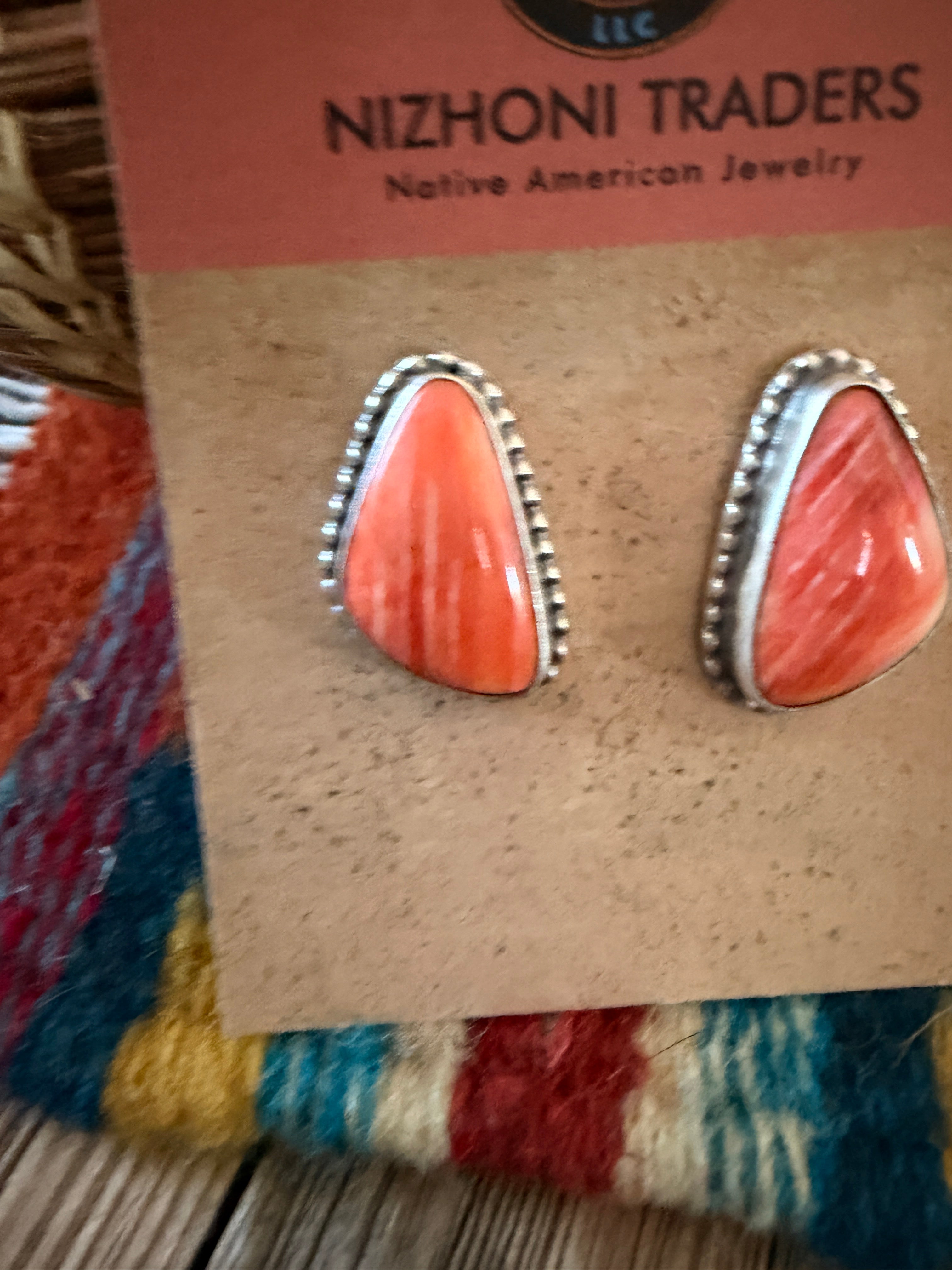 Handcrafted Orange Spiny & Sterling Silver Post Earrings