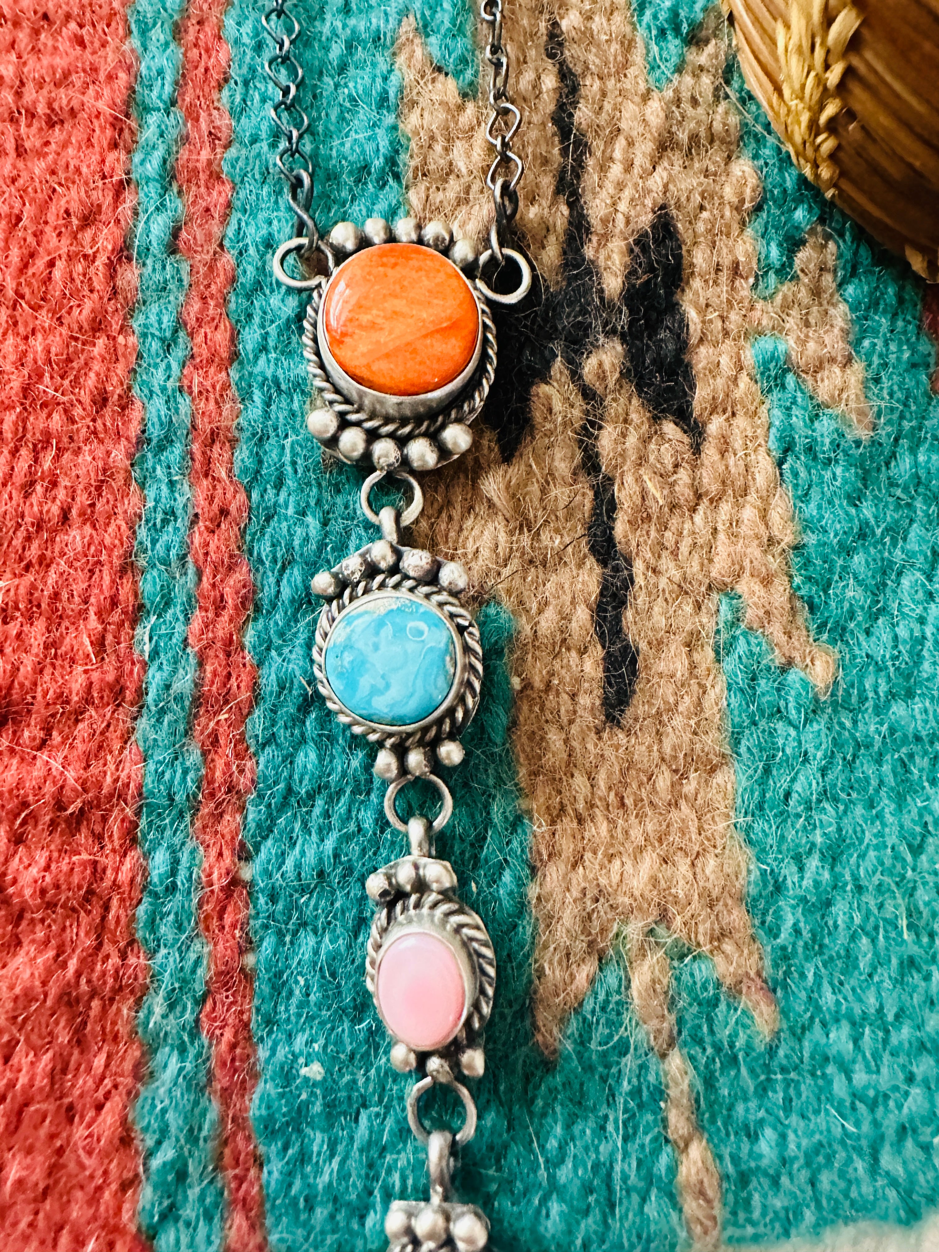 Handcrafted Sterling Silver & Multi Stone Lariat Necklace