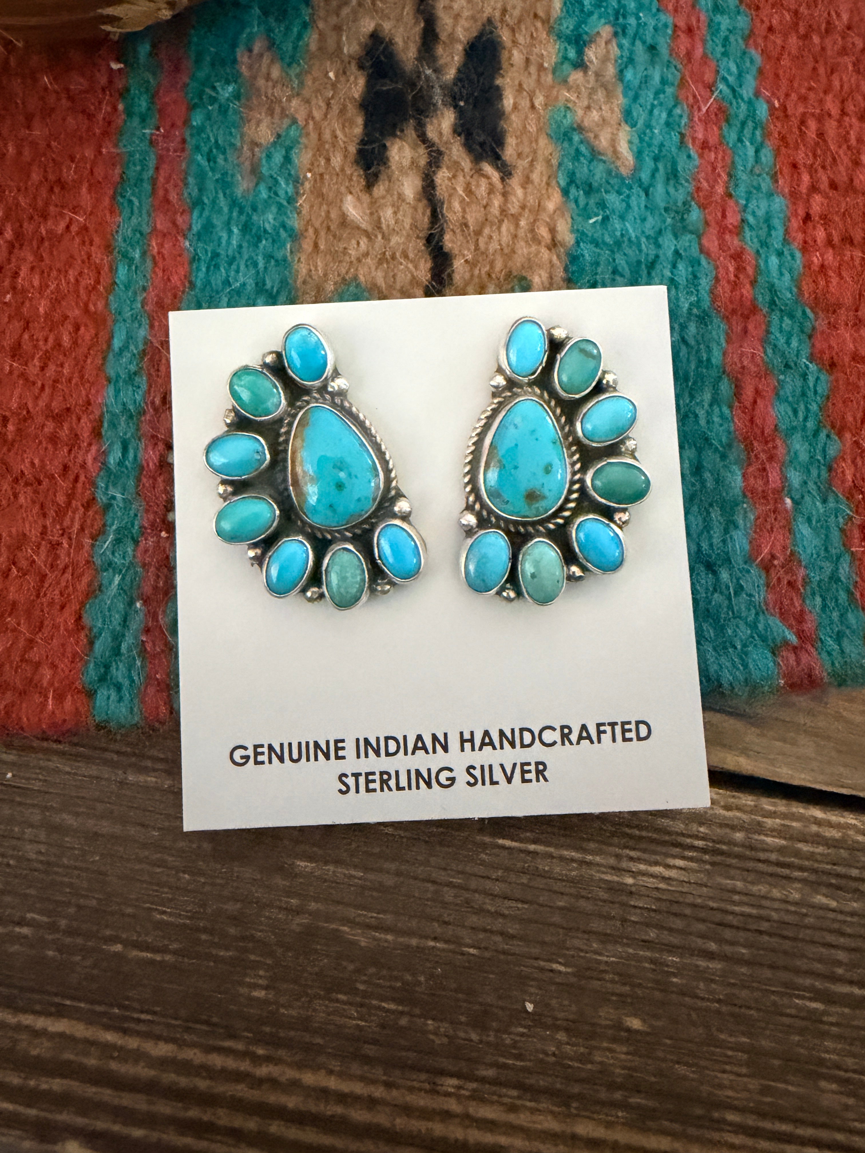 Handcrafted Turquoise & Sterling Silver Cluster Post Earrings