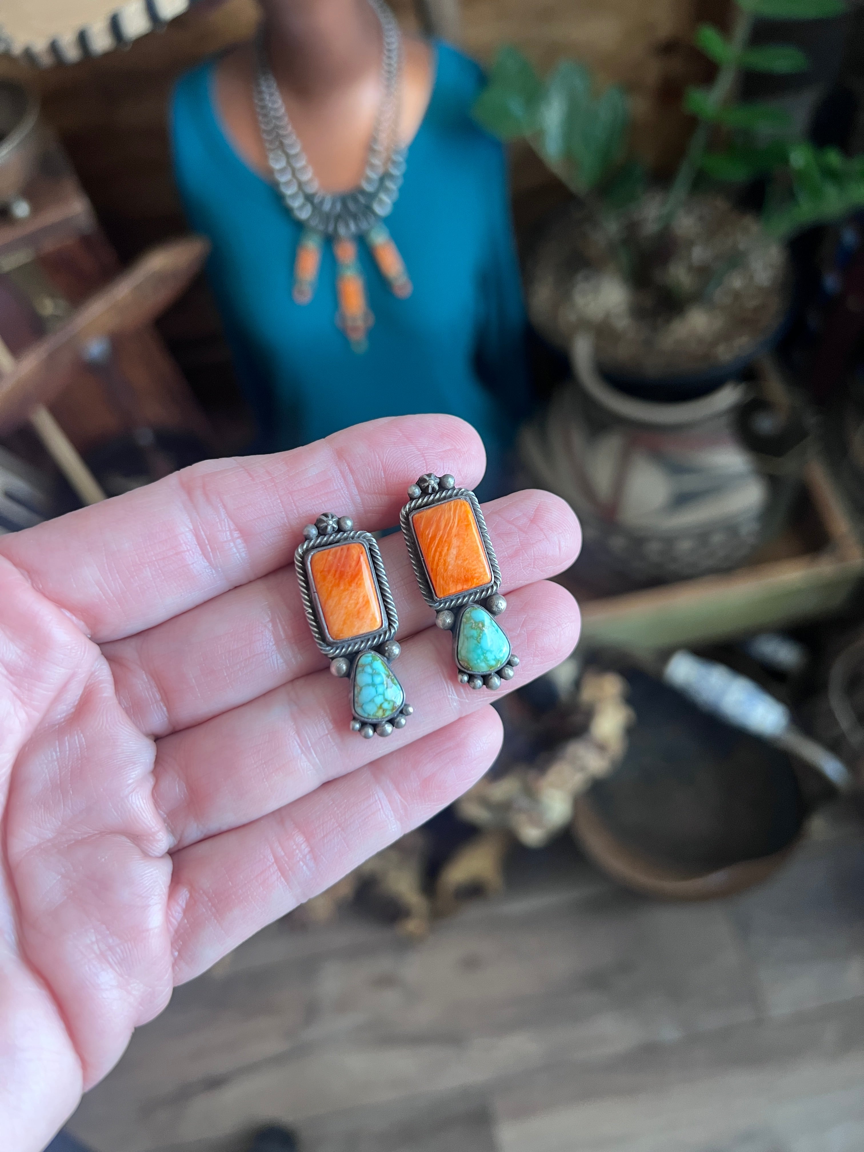 Electric Rainbow Sterling Silver, Sonoran Gold Turquoise and Spiny Oyster Beaded Necklace and Earrings Set by Bernyse Chavez