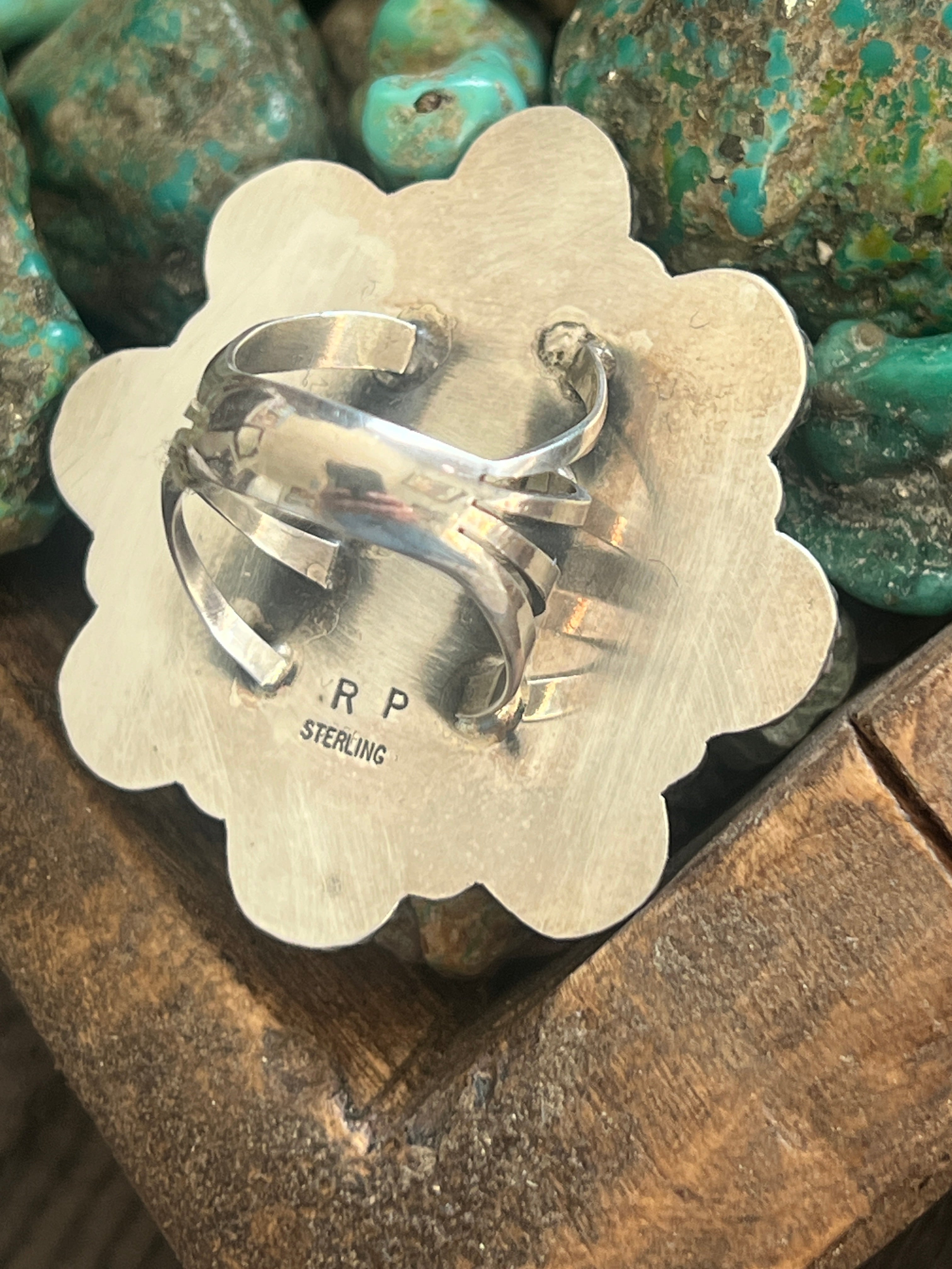 Handcrafted Sterling Silver, Barber Quarter and Hubei Turquoise Cluster Ring by Rosella Paxson, Size 8