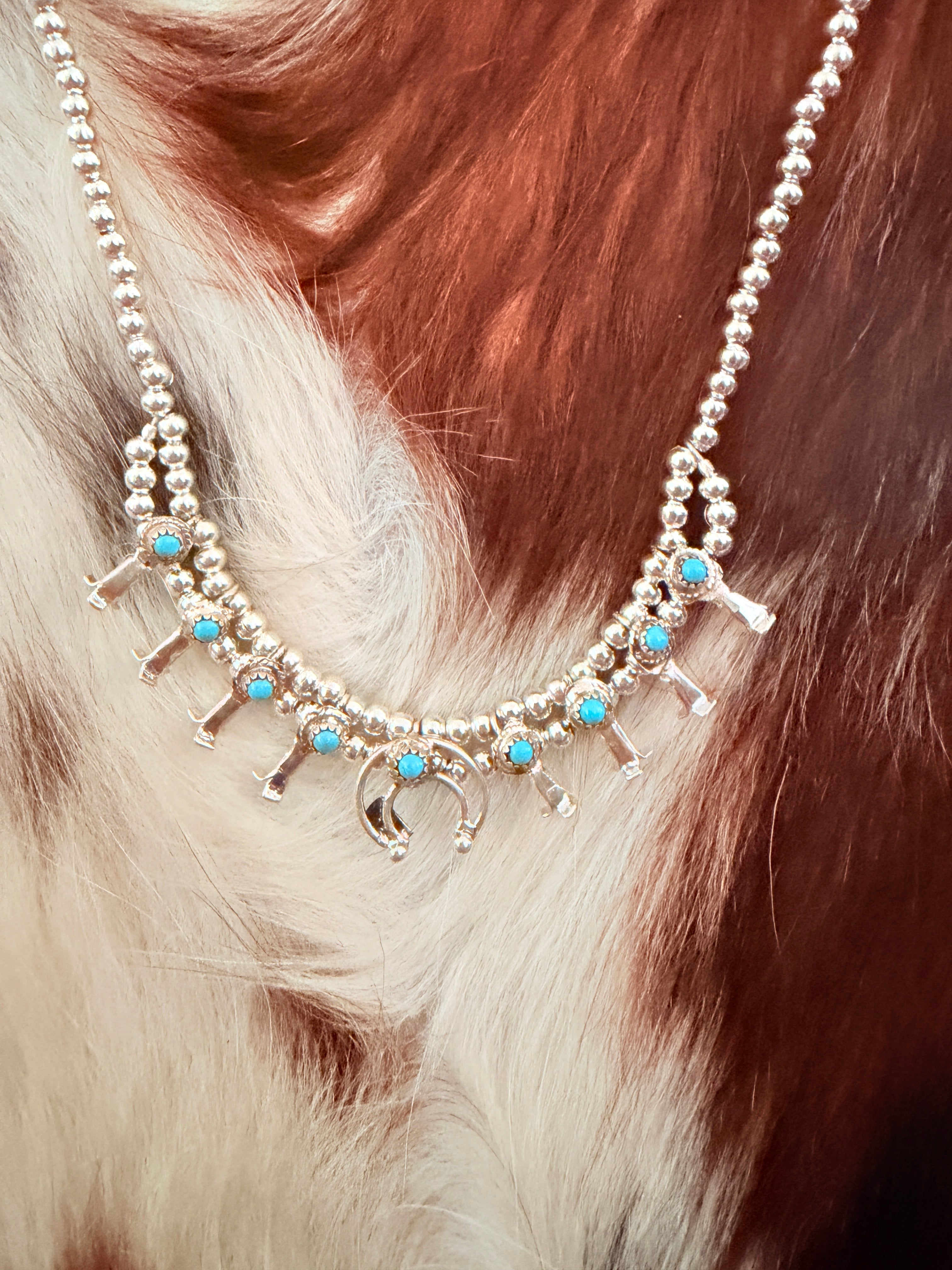 Handcrafted Turquoise & Sterling Silver Beaded Mini Squash Blossom Necklace