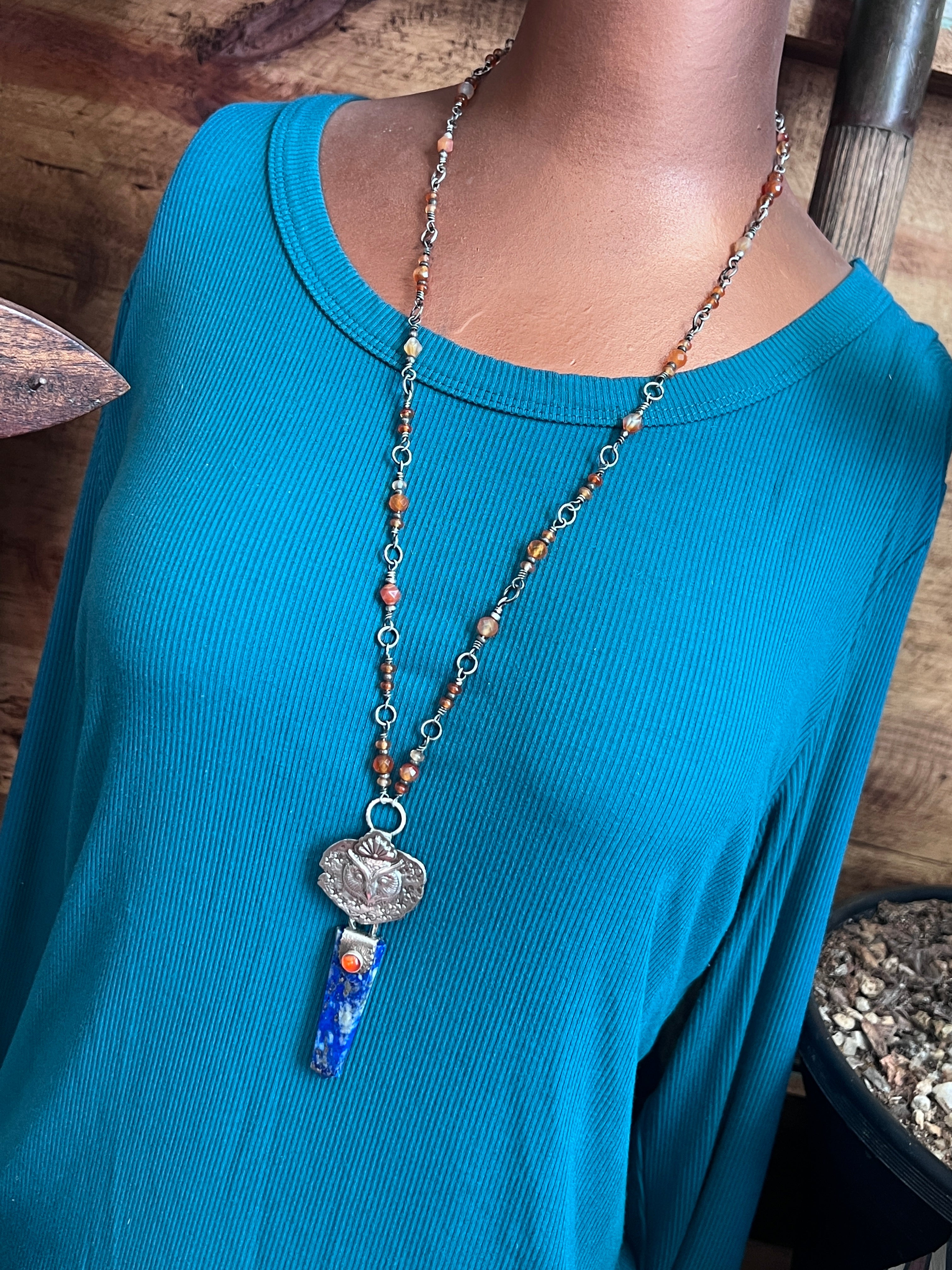 Tularosa Rosary Style Sterling Silver, Lapis Lazuli and Carnelian Ancient Owl Talisman Necklace