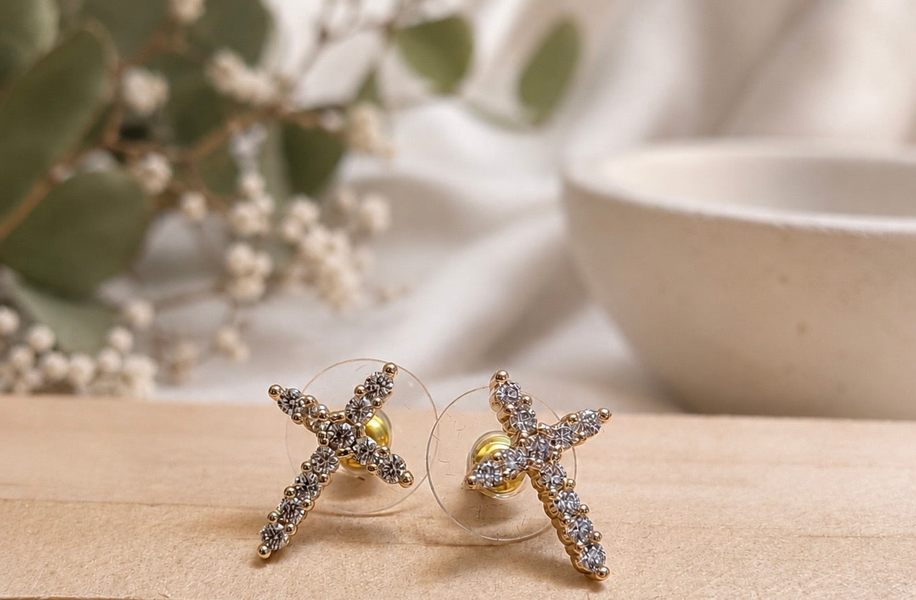 14k Gold CZ Cross Shaped Post Earrings