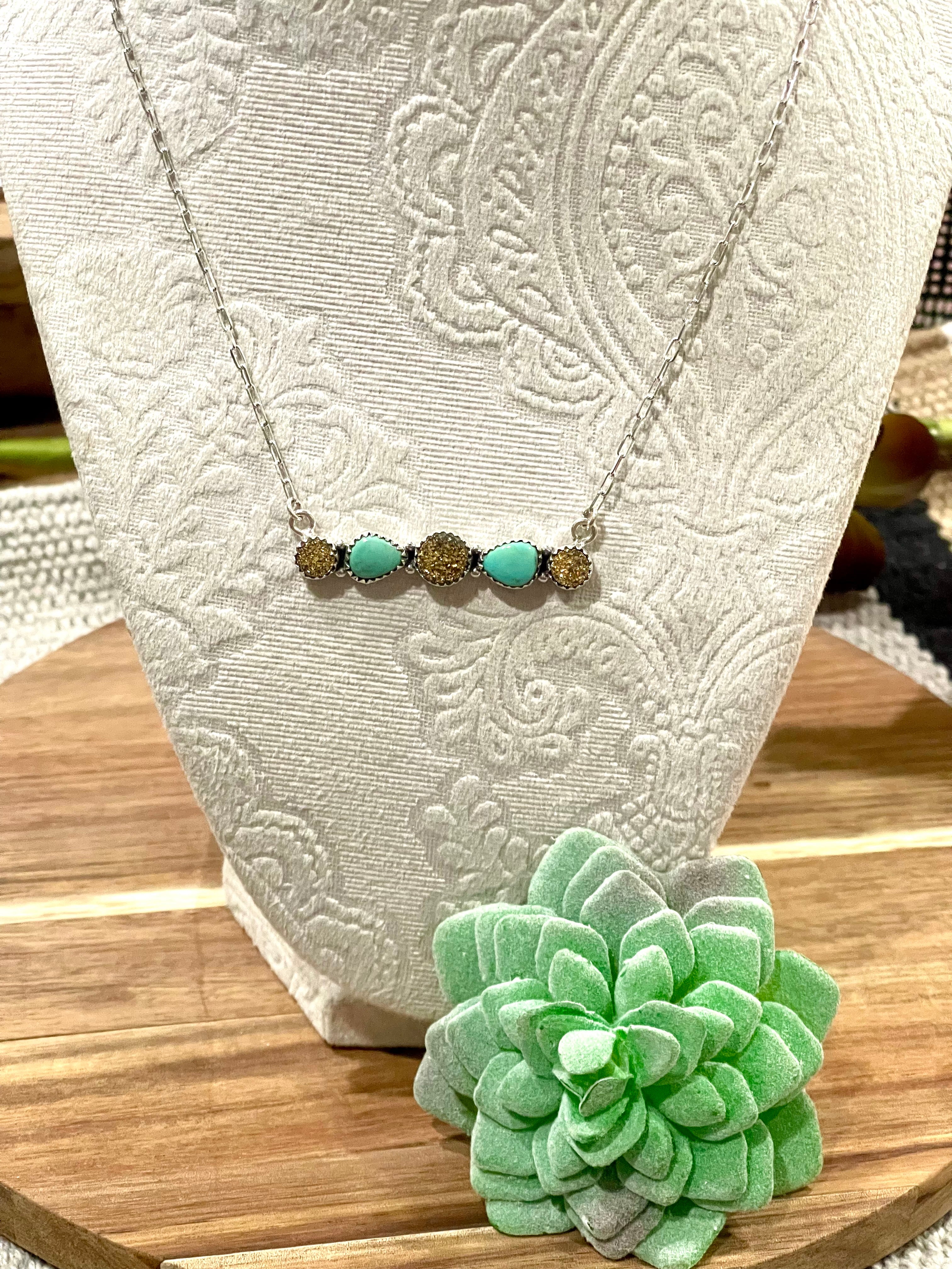 Beautiful Handmade Sterling Silver , Turquoise & Druzy Bar Necklace