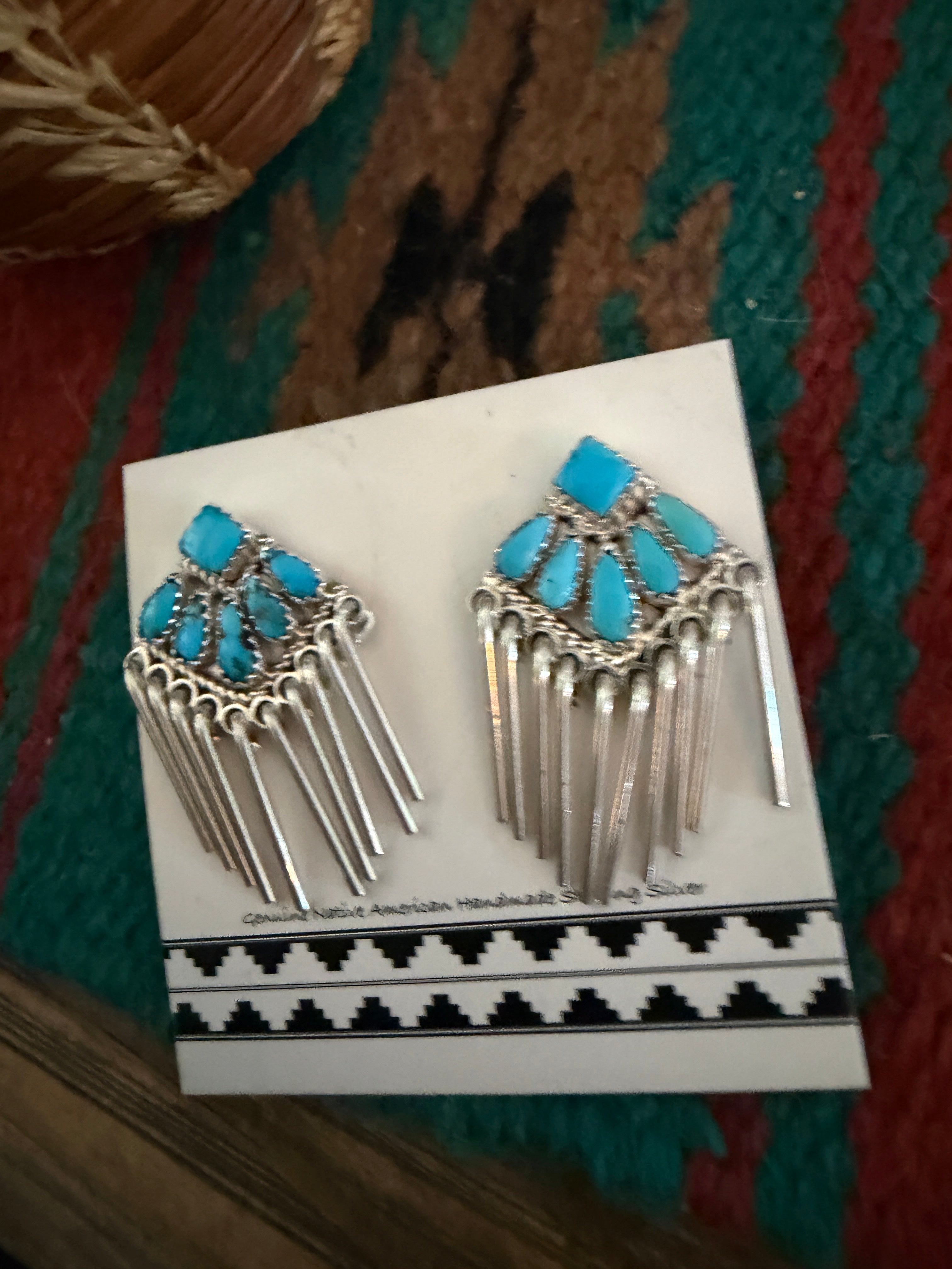 Handcrafted Turquoise and Sterling Silver Cluster Tassel Dangle Earrings