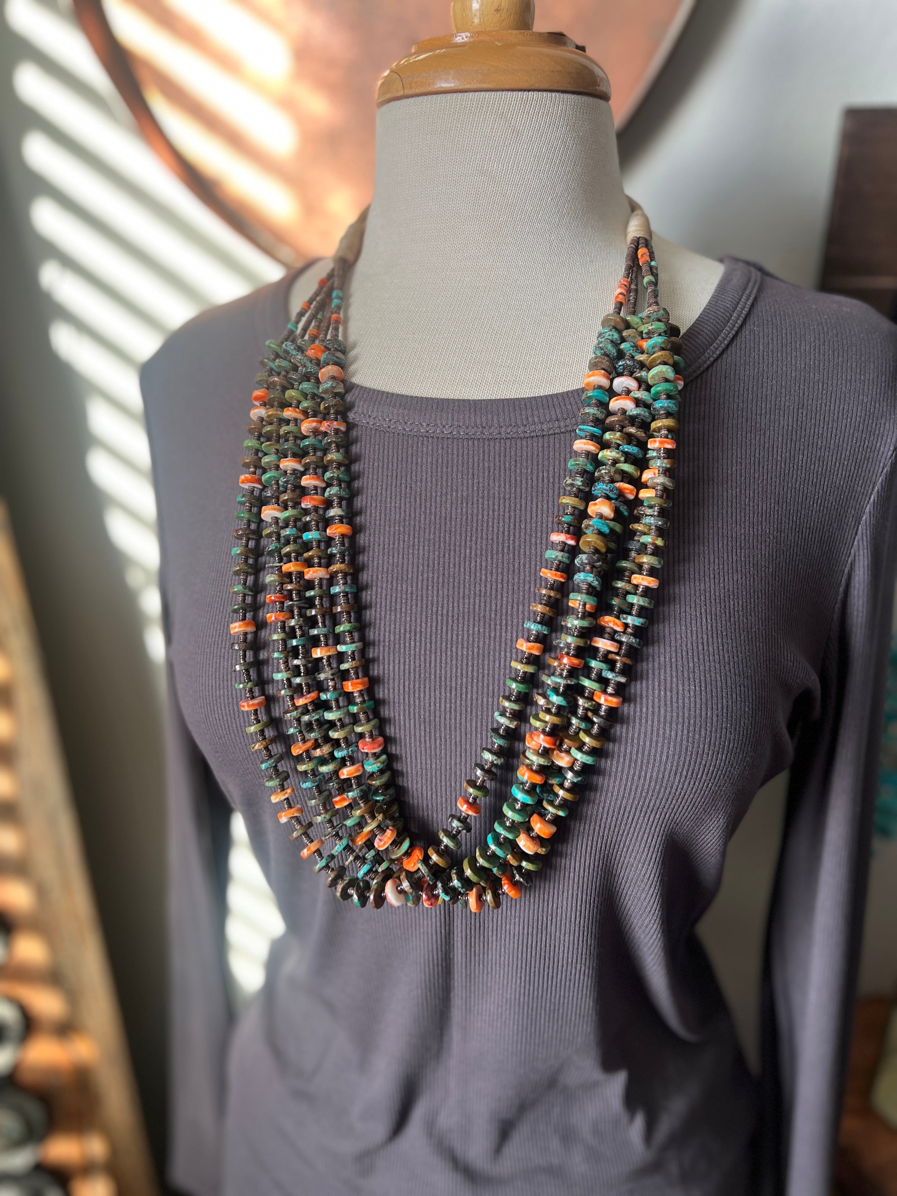 Gorgeous Handcrafted Five Strand Spiny Oyster, Turquoise and Heishi Squaw Wrap Beaded Necklace