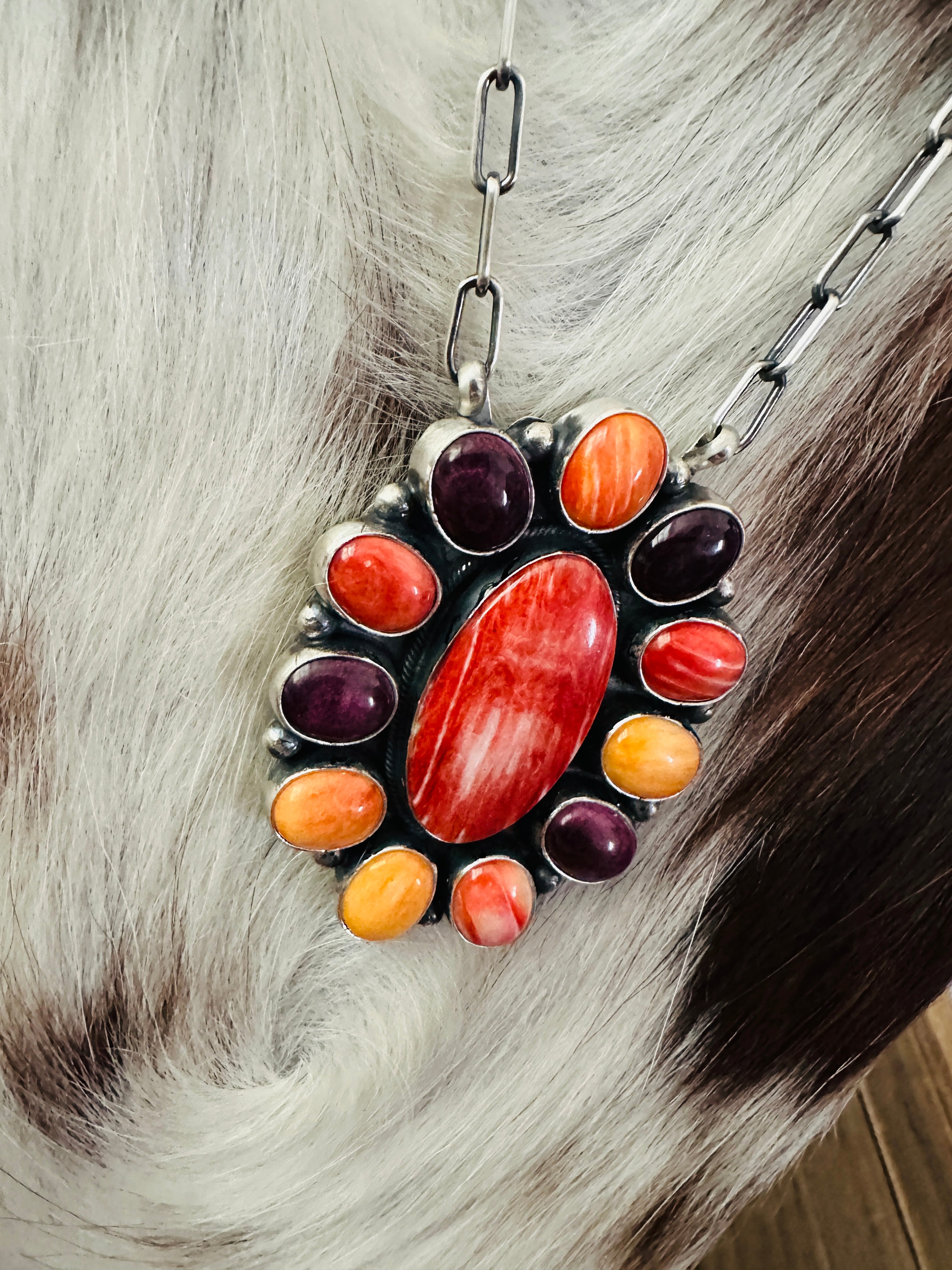 Handcrafted Multicolor Spiny Oyster & Sterling Silver Cluster Necklace by Sheila Becenti