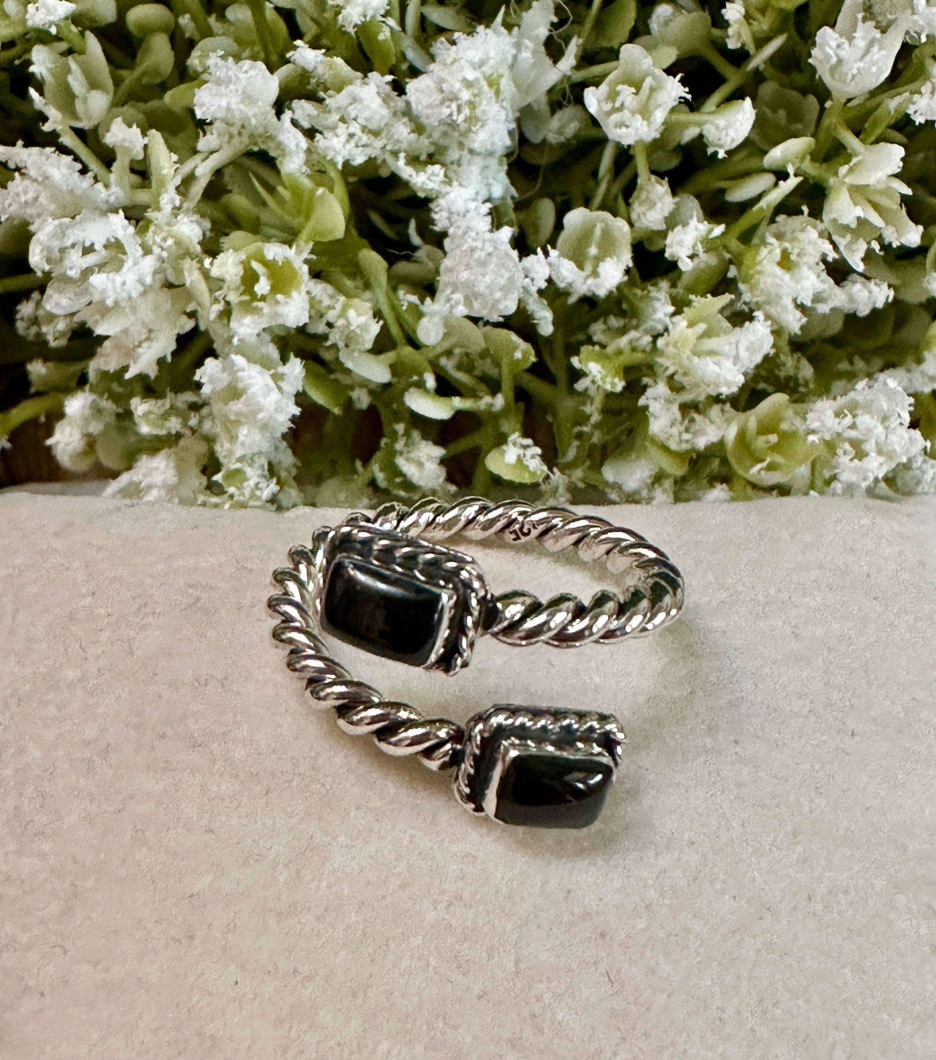 Black Onyx 2 Stone & Sterling Silver Adjustable Ring