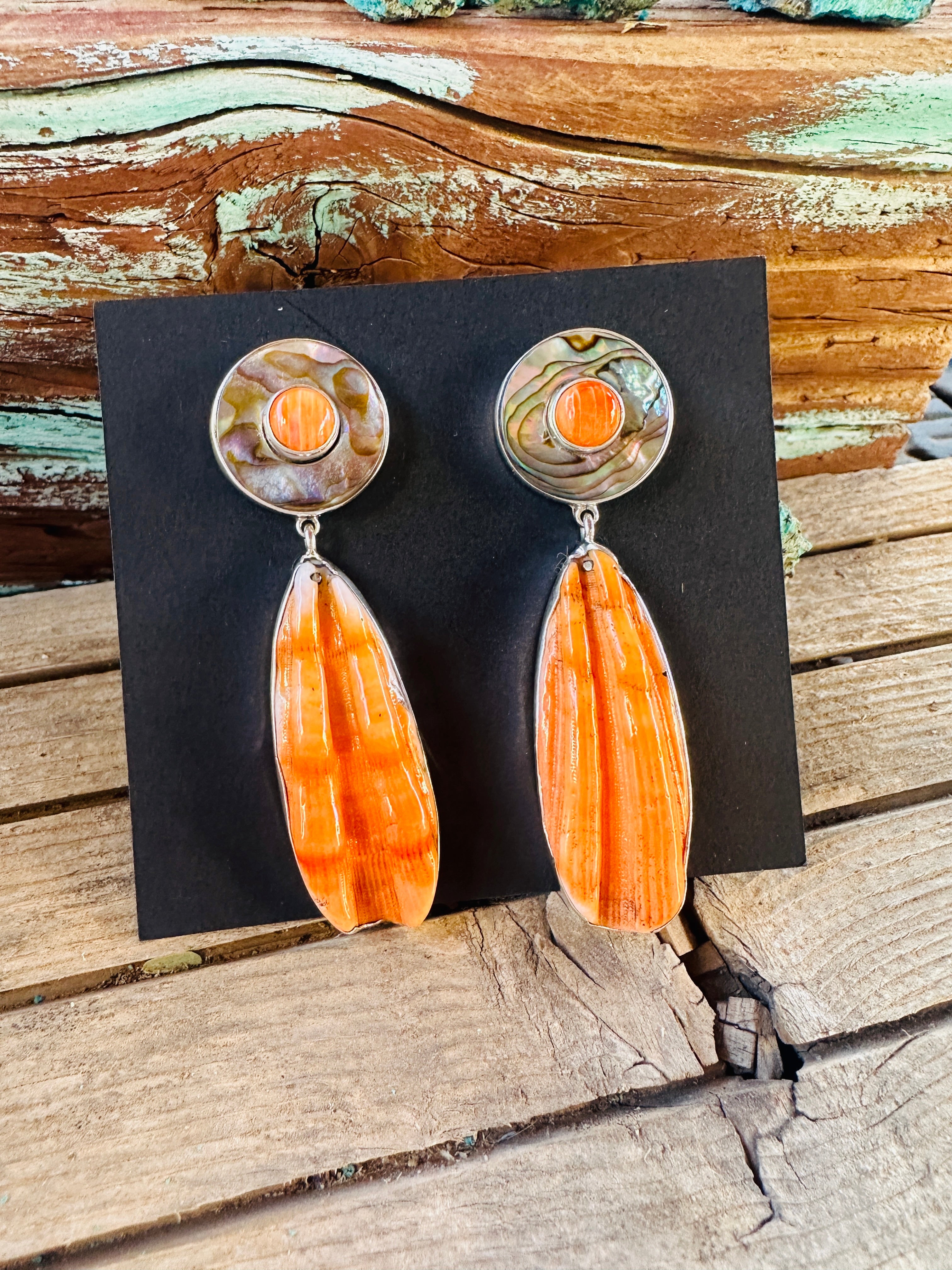 Handcrafted Spiny Oyster, Abalone & Sterling Silver Dangle Earrings by Federico Jimenez