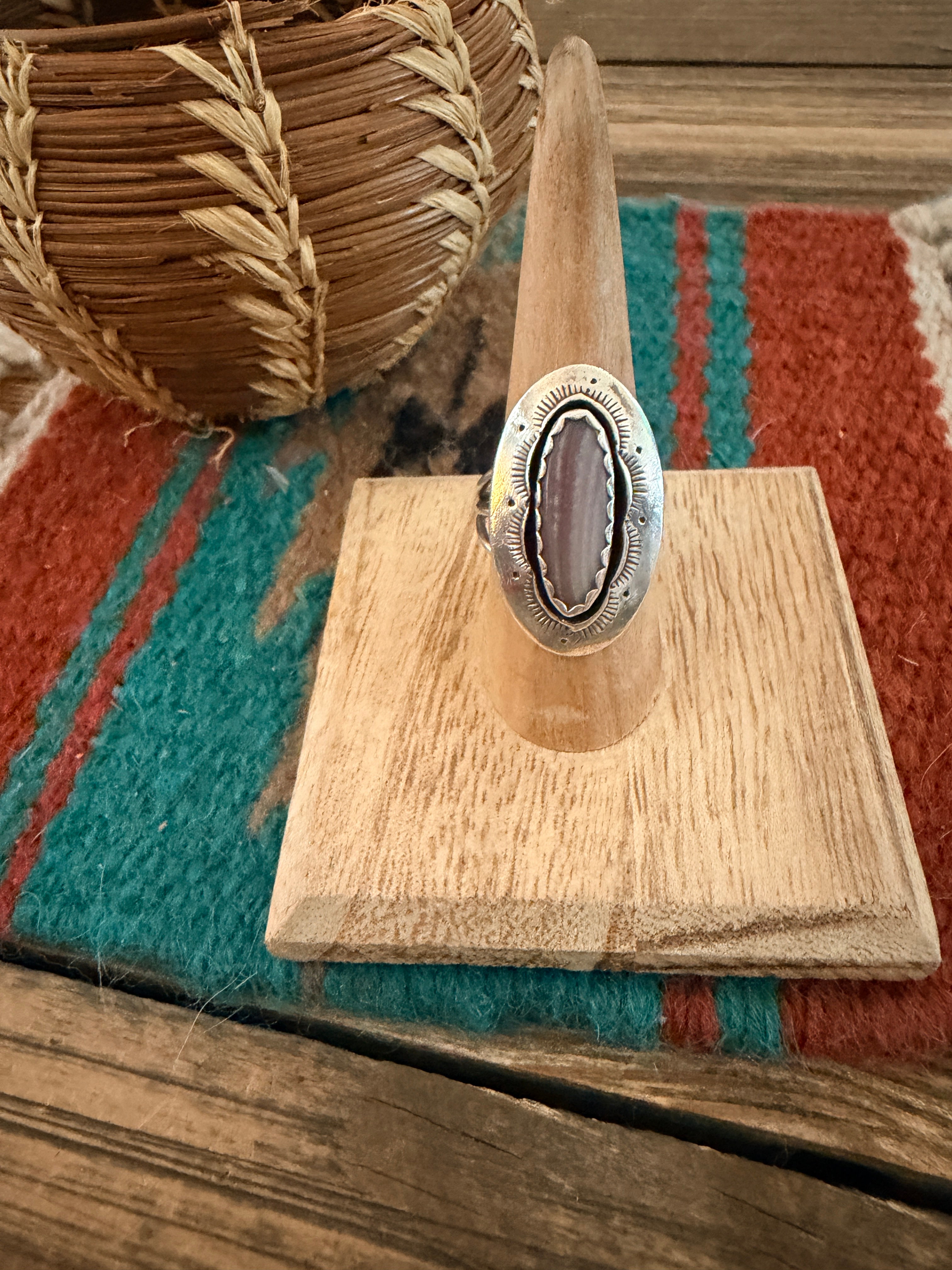 Old Pawn Handcrafted Wampum & Sterling Silver Ring Size 7.75