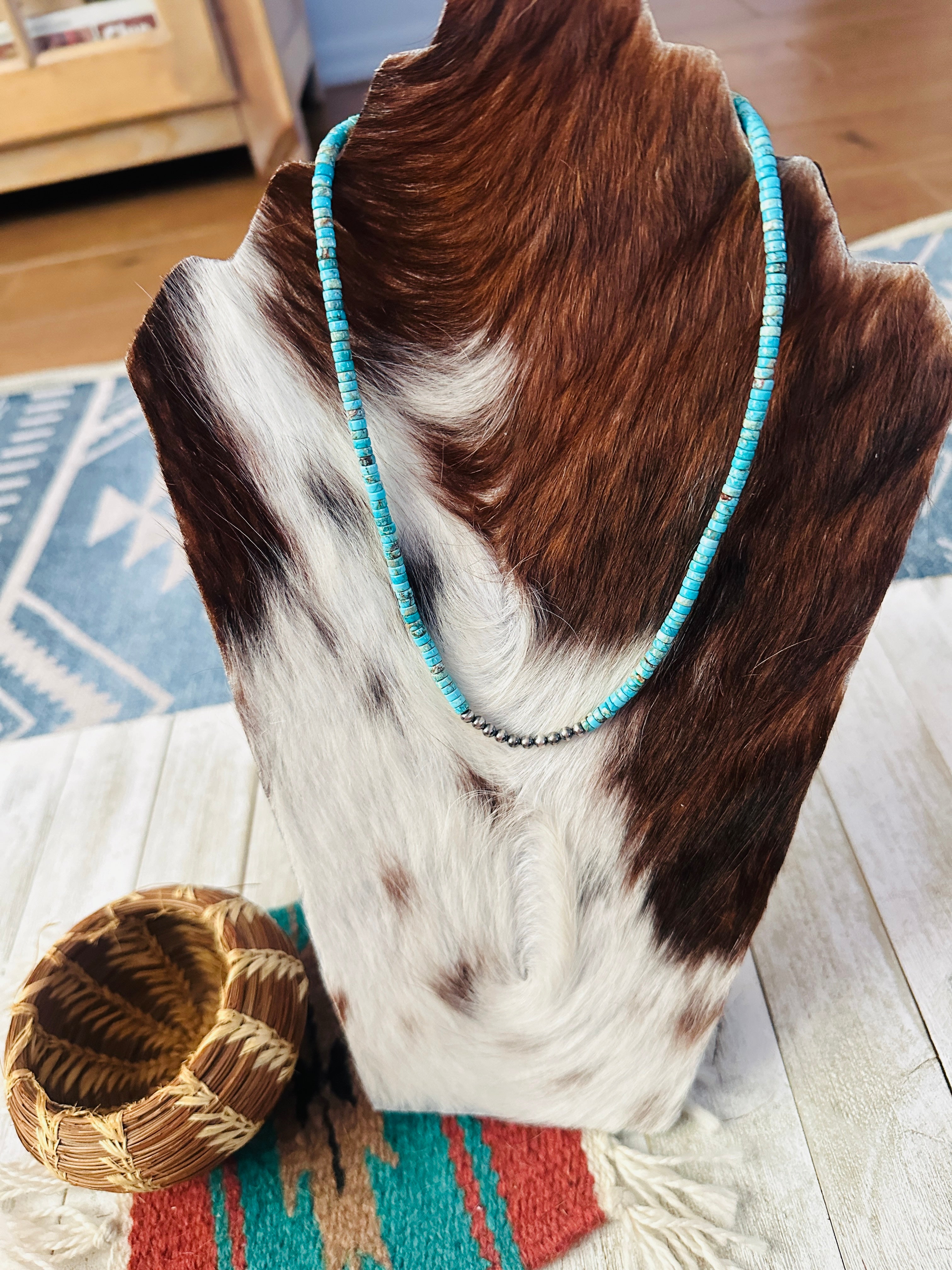 Handcrafted Turquoise & Sterling Silver Pearl Beaded Necklace 18"