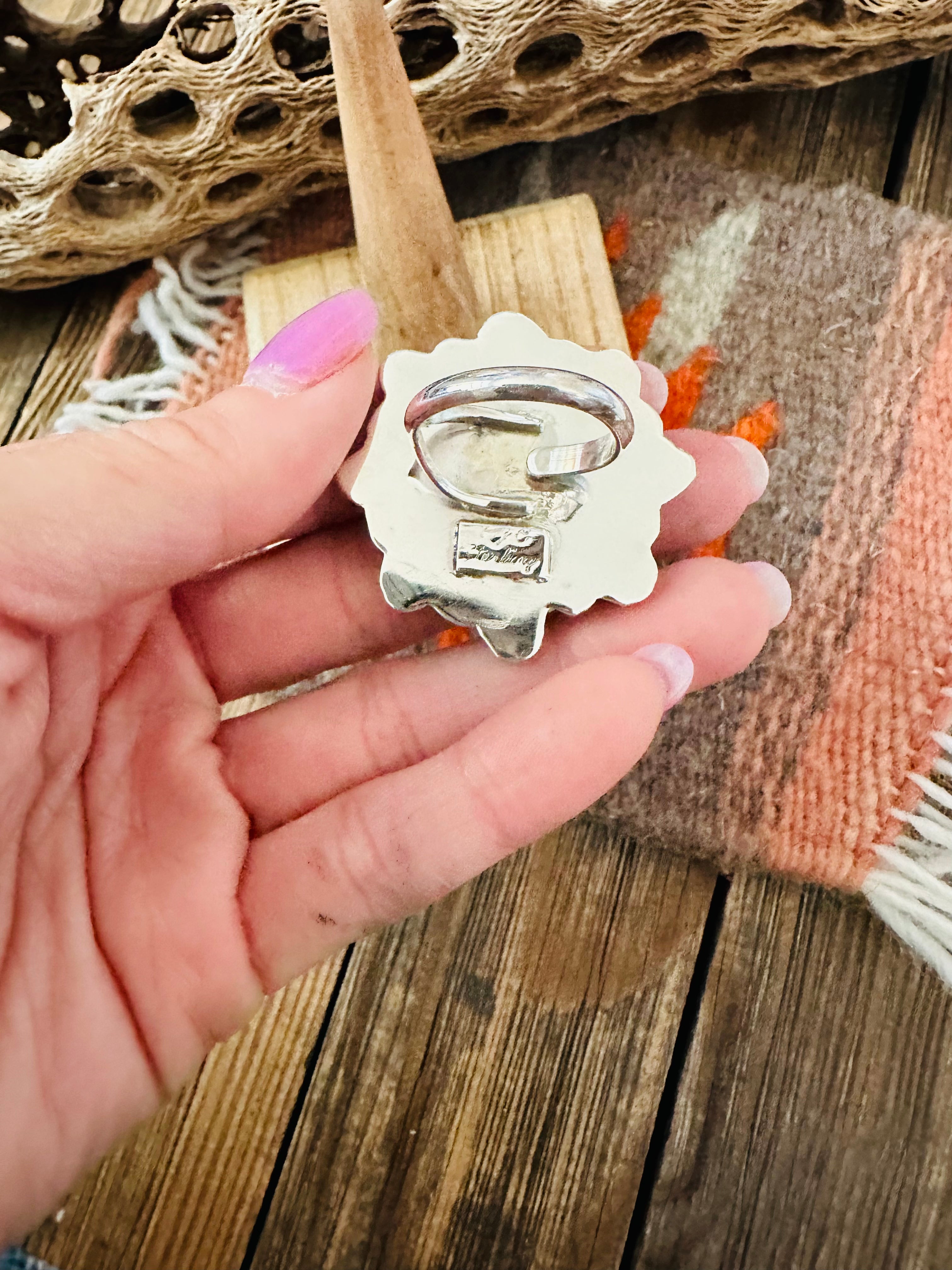 Handcrafted Sterling Silver and Queen Pink Conch Shell Adjustable Flower Ring