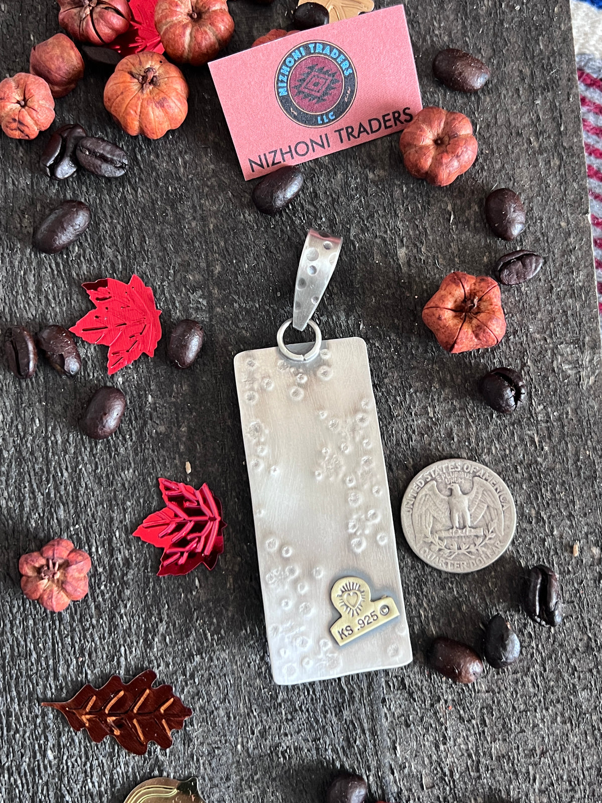 Kimari Somers Hand Stamped Sterling Silver, Copper, Brass & Kingman Turquoise Prickly Pear Cactus Moon Pendant