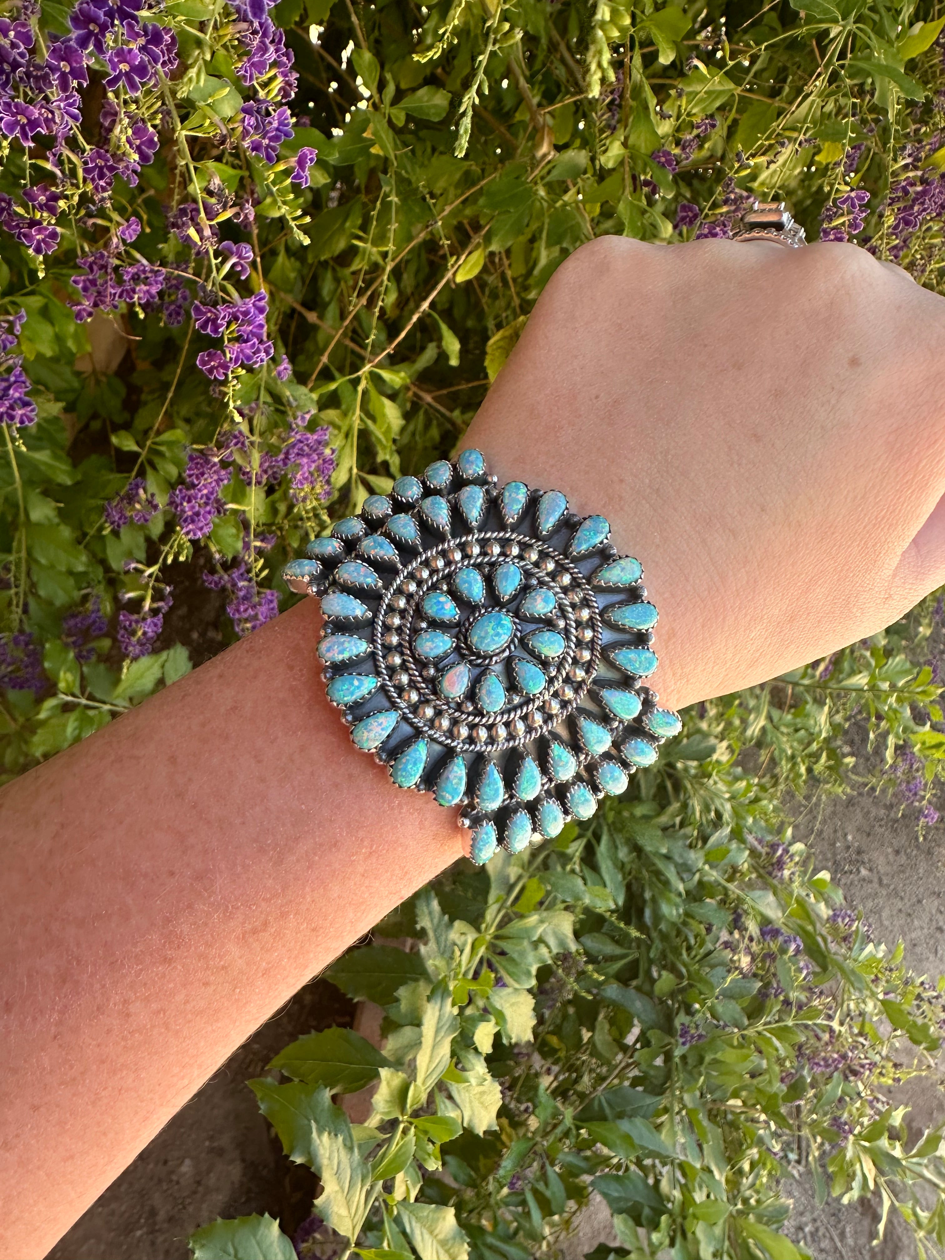 Handmade Sterling Silver & Light Blue Fire Opal Cluster Cuff Bracelet Signed Nizhoni /