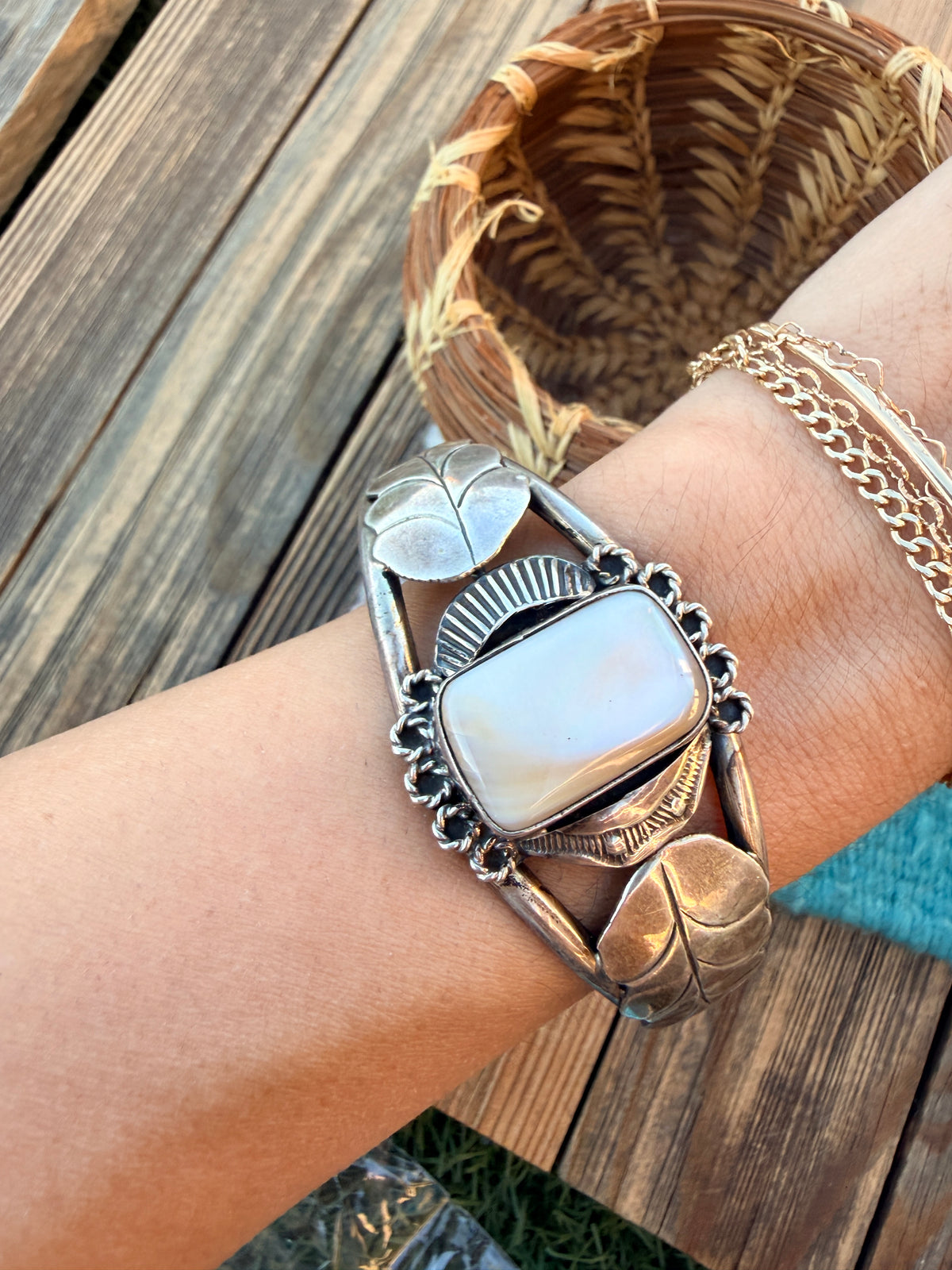 Handcrafted Old Pawn Sterling Silver & Mother of Pearl Cuff Bracelet