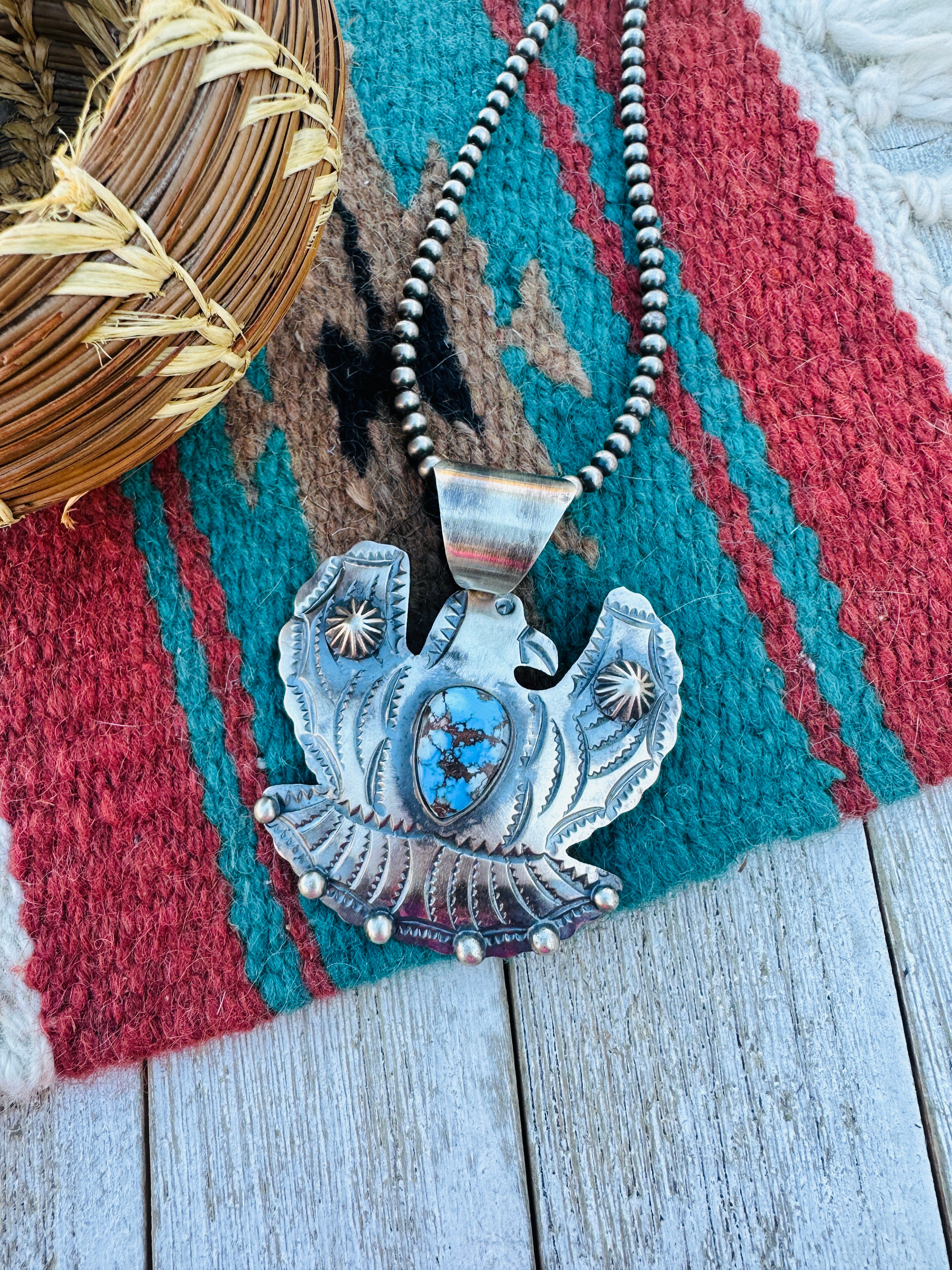 Handcrafted Sterling Silver & Golden Hills Turquoise Thunderbird Pendant by Chimney Butte