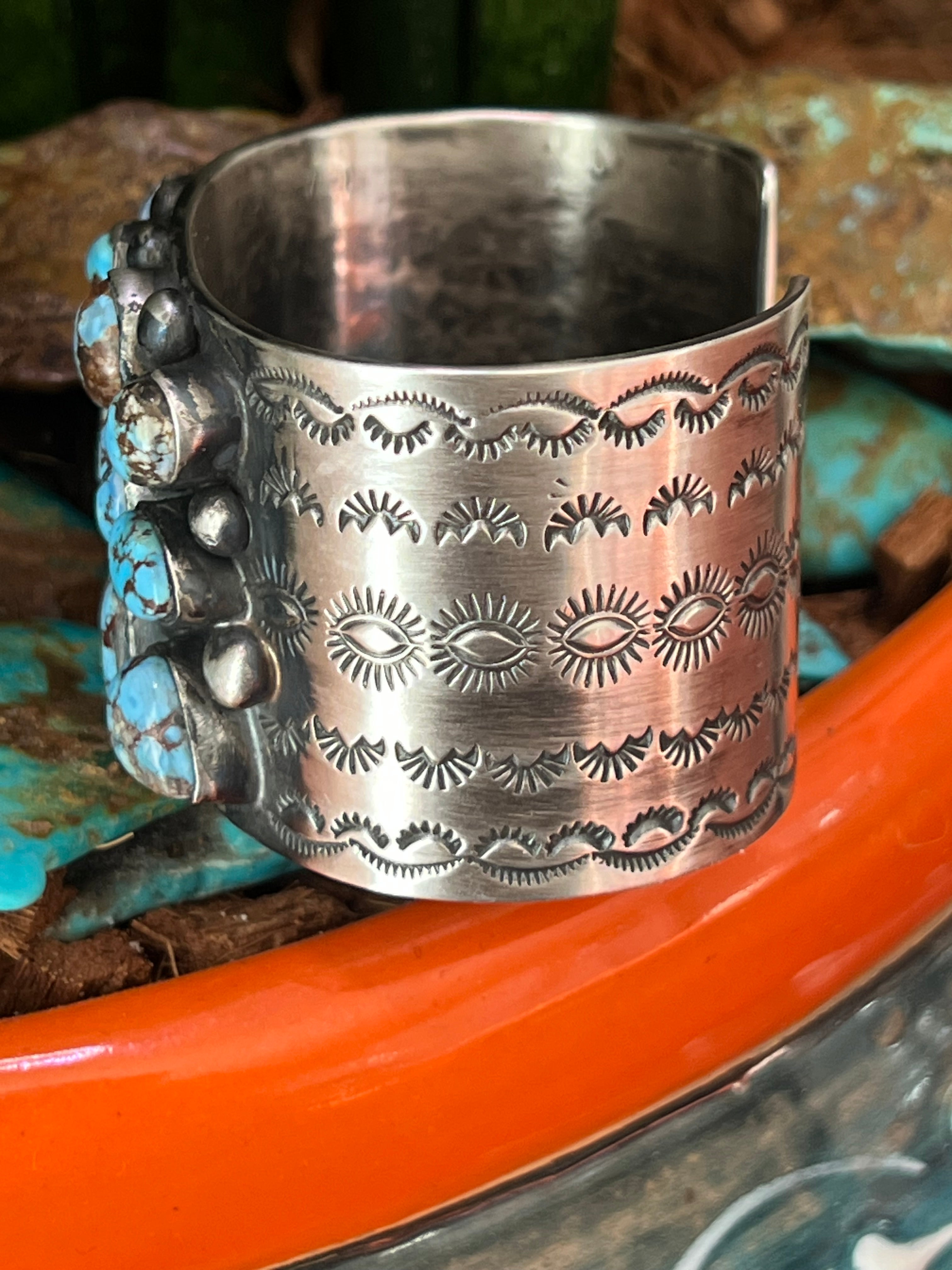 Handcrafted Stamped Sterling Silver and Golden Hills Turquoise Cuff Bracelet by Jennifer Garcia for Chimney Butte /