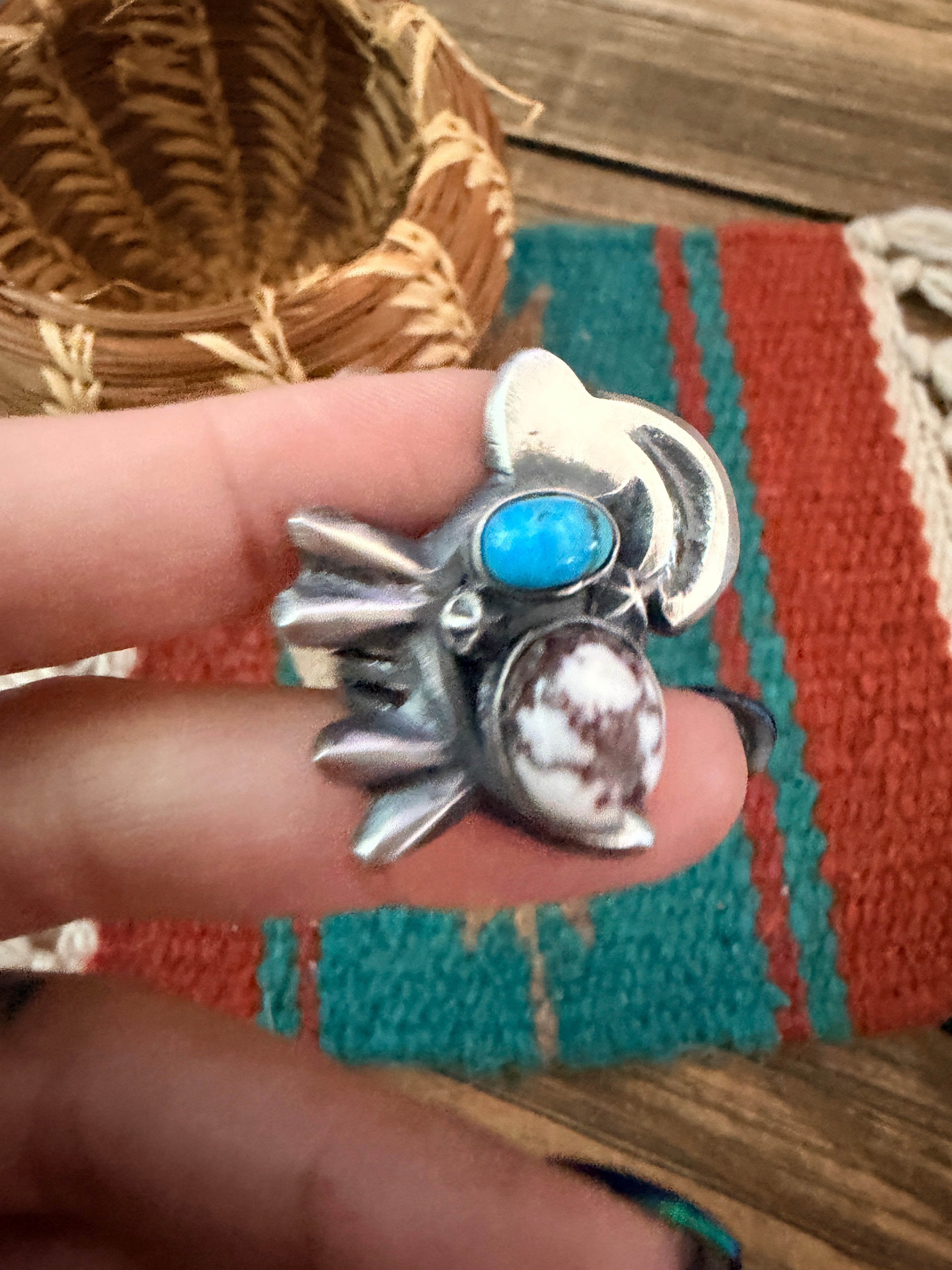 Handcrafted Wild Horse, Turquoise and Sterling Silver Goat Ring size 6.75 by Chimney Butte