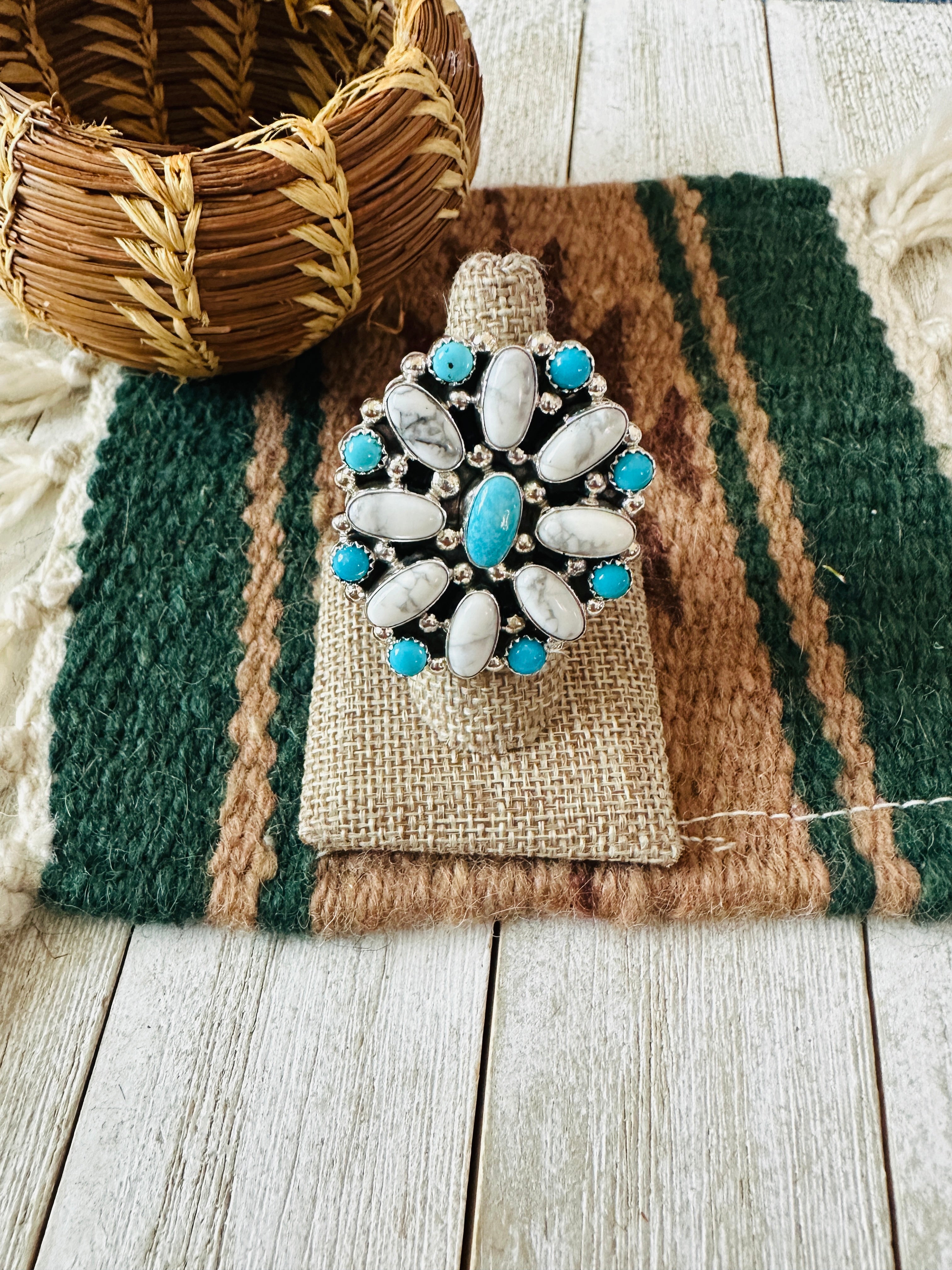 Handcrafted Sterling Silver, Turquoise & Howlite Cluster Adjustable Ring