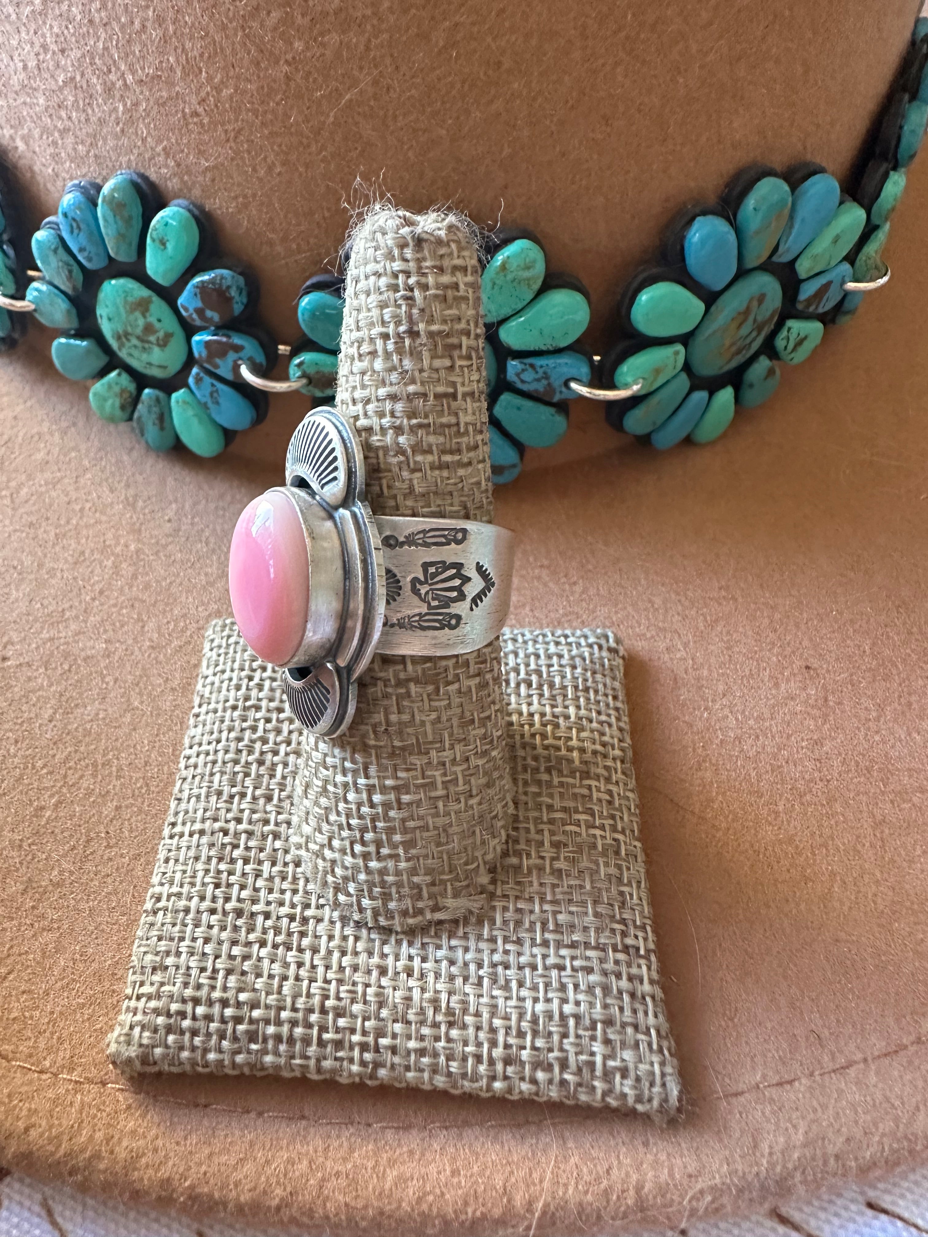 Gorgeous Handcrafted Pink Conch And Sterling Silver Ring Size 7.5 Signed