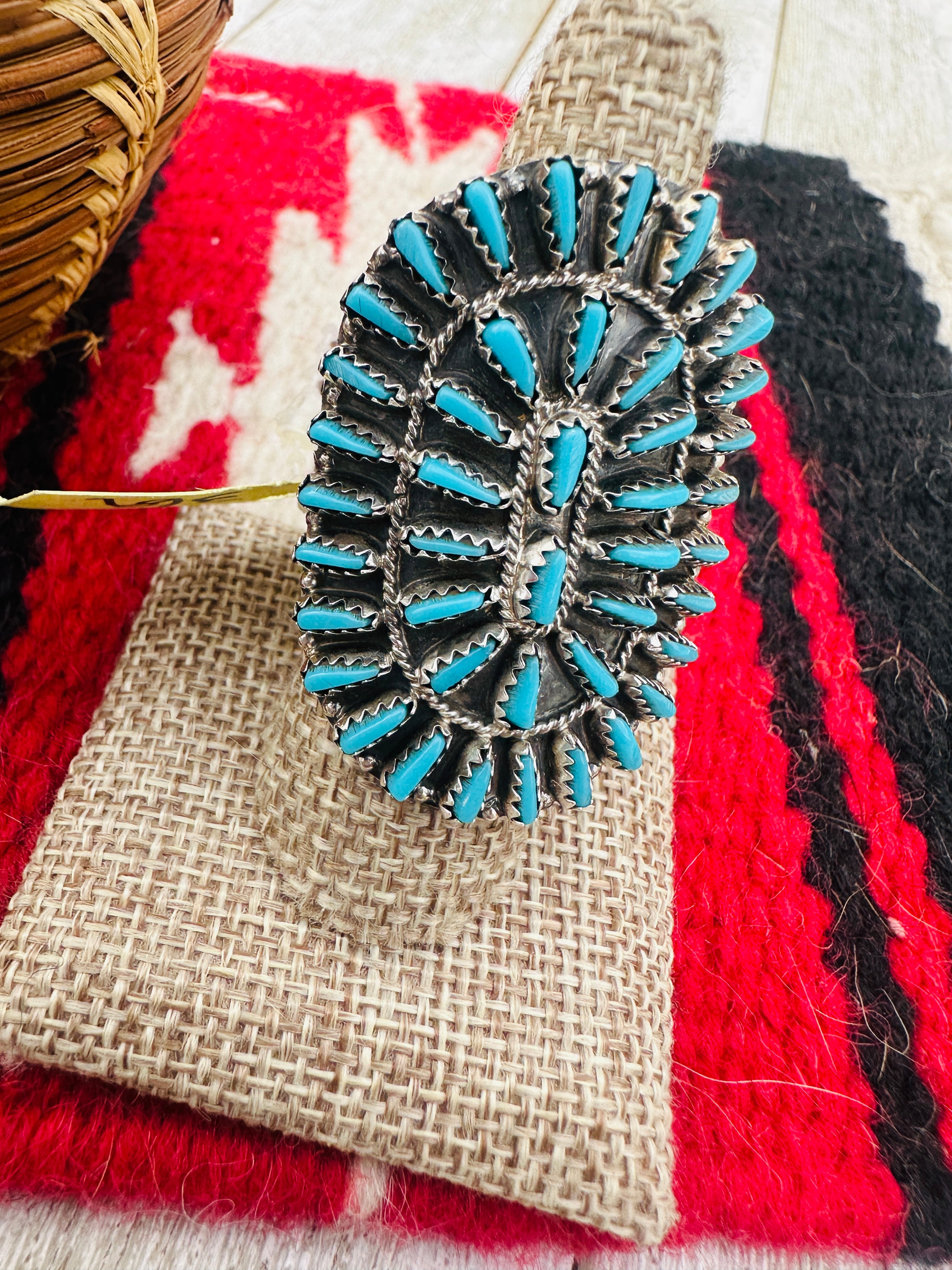 Old Pawn Handcrafted Turquoise & Sterling Silver Cluster Ring Size 8