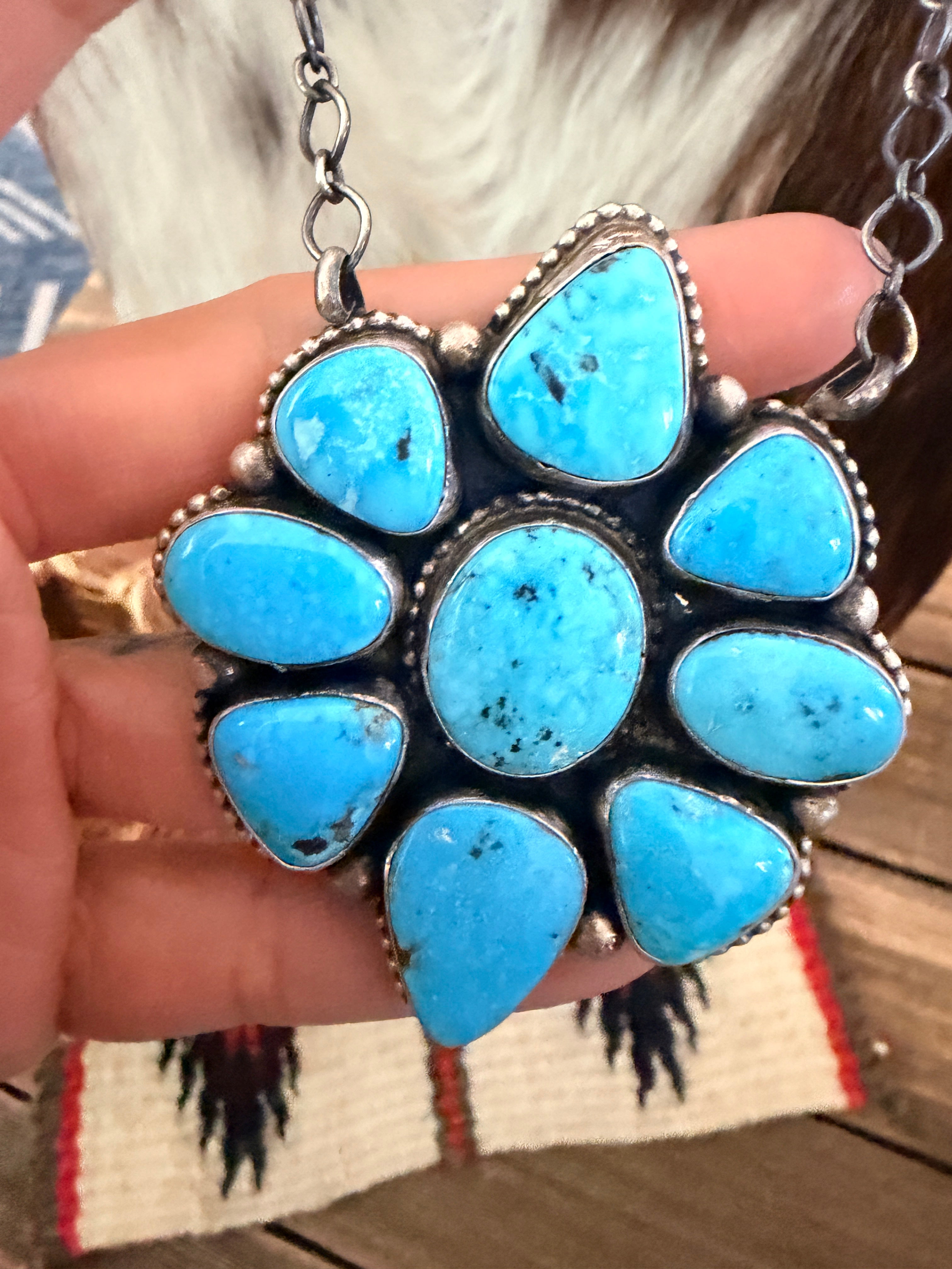 Handcrafted Turquoise & Sterling Silver Cluster Necklace by Travis Jim