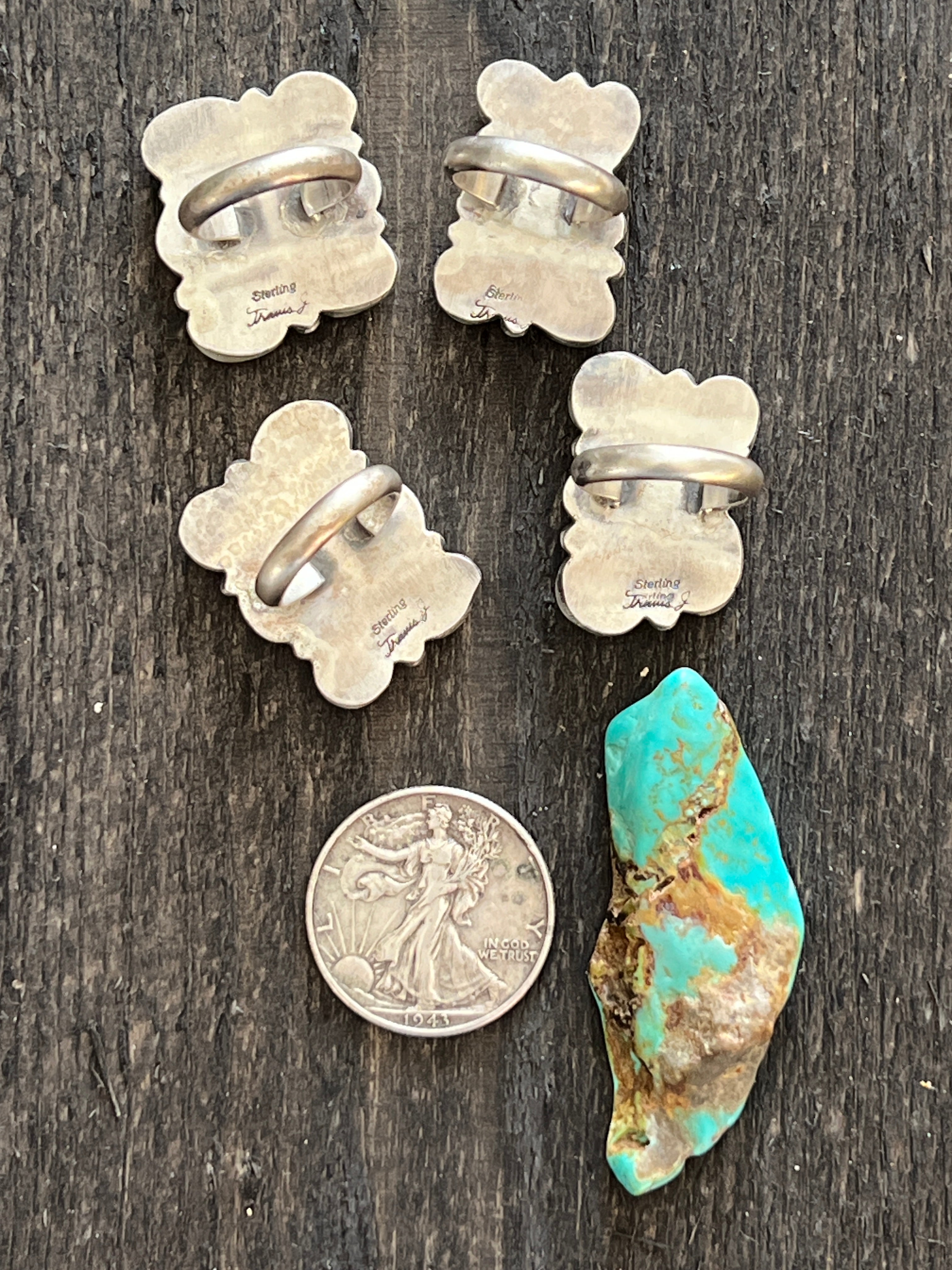 Handcrafted Sterling Silver and Sonoran Gold Turquoise Cluster Rings by Travis Jim, Size 8