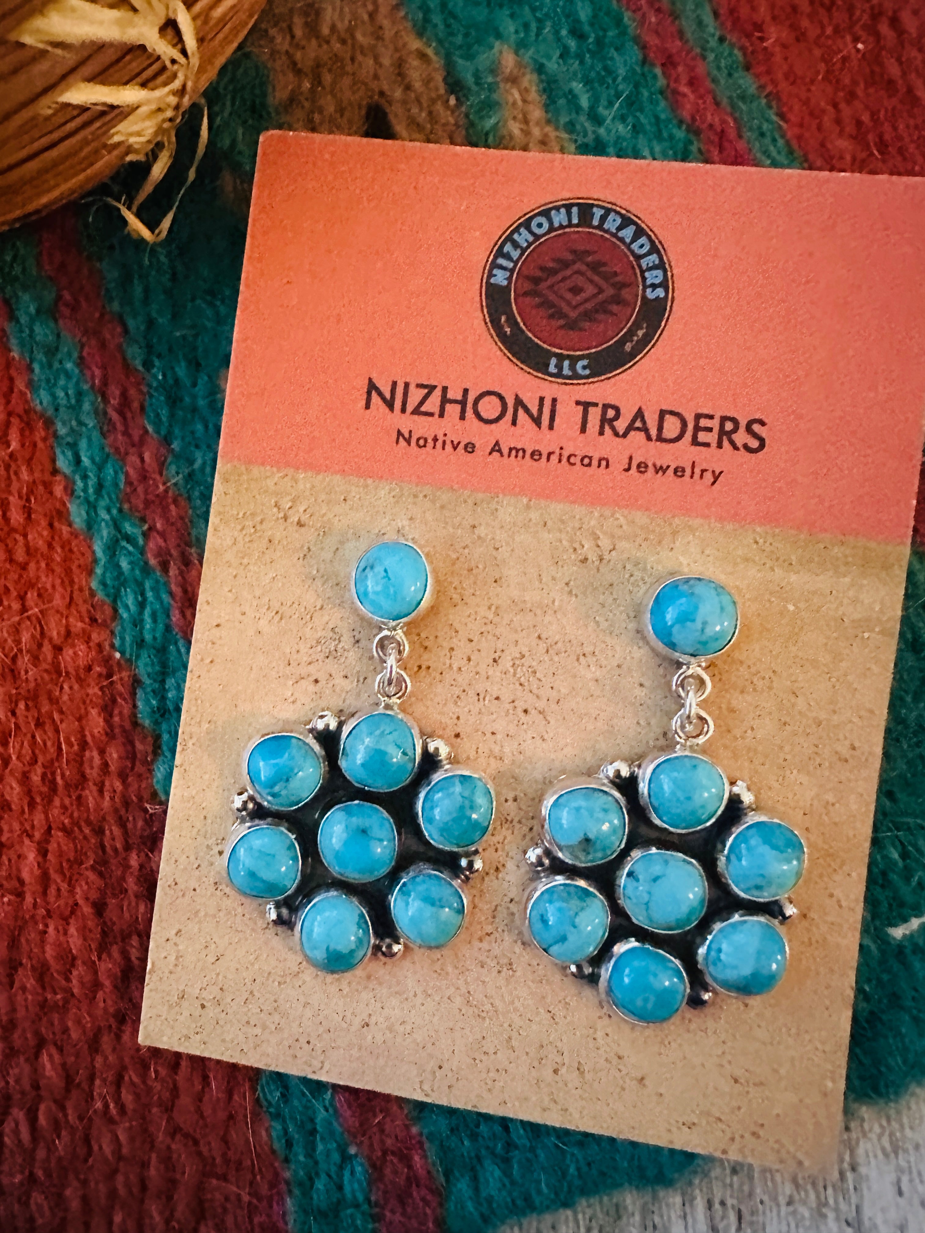 Handcrafted Sterling Silver & Turquoise Cluster Dangle Earrings