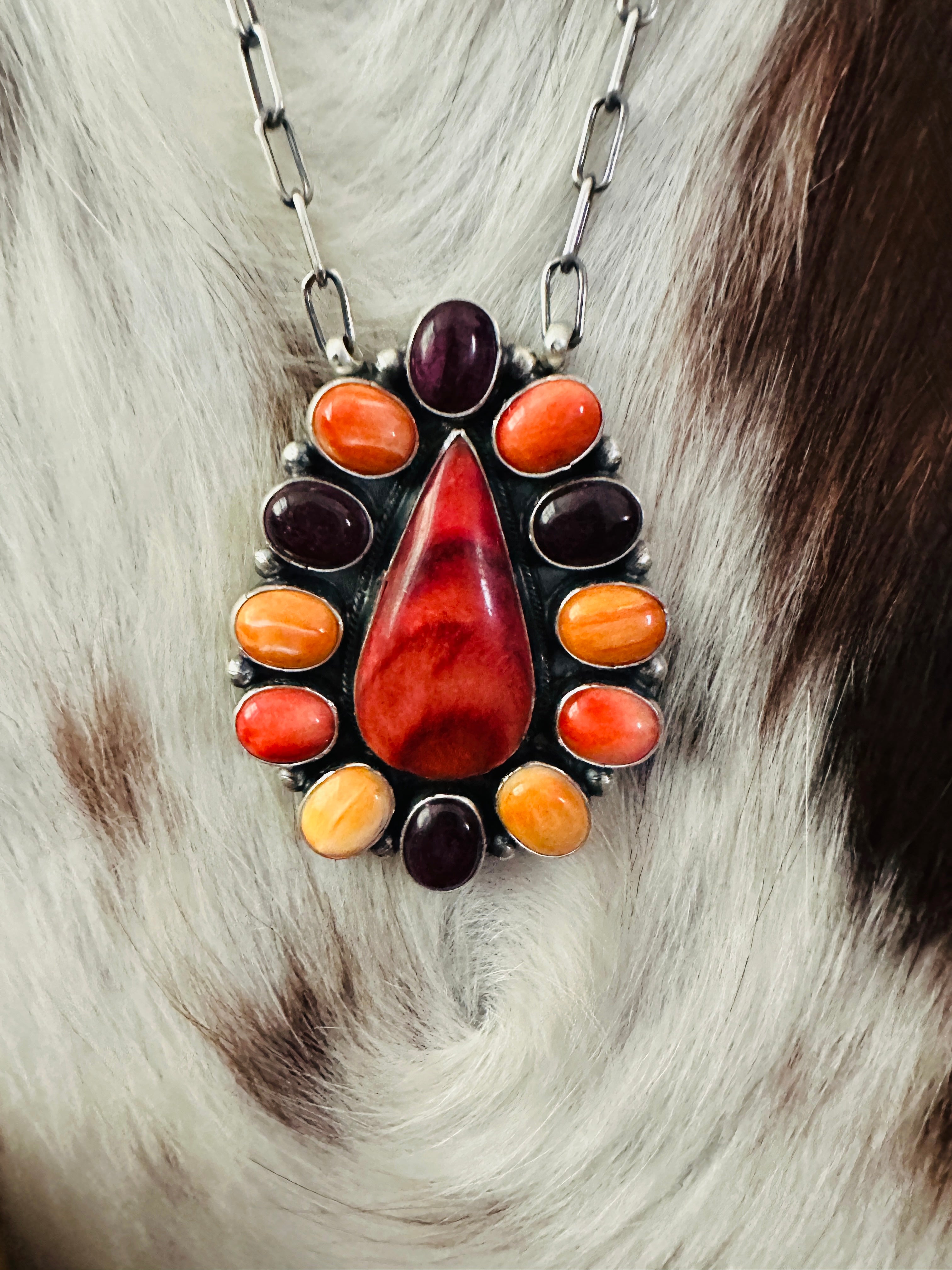 Handcrafted Multicolor Spiny Oyster & Sterling Silver Cluster Necklace by Sheila Becenti