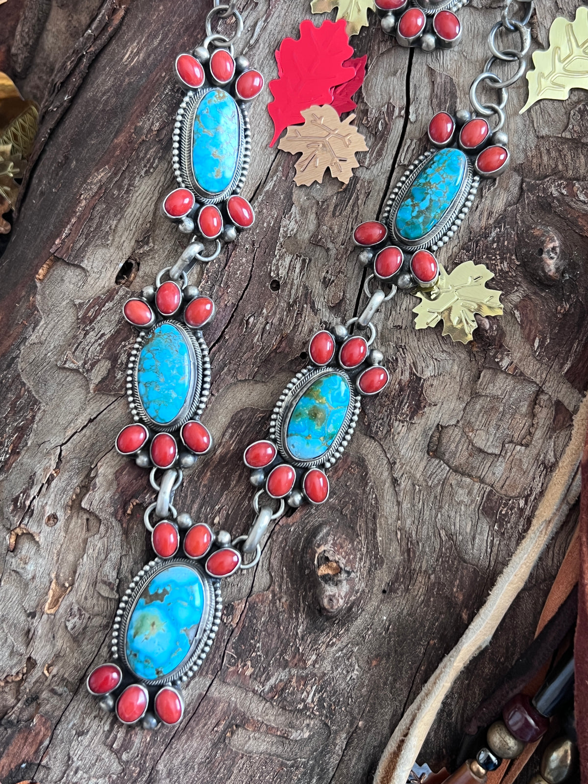 Kathleen Chavez Sterling Silver, Kingman Turquoise & Mediterranean Coral Taos Collection Necklace & Earrings Set