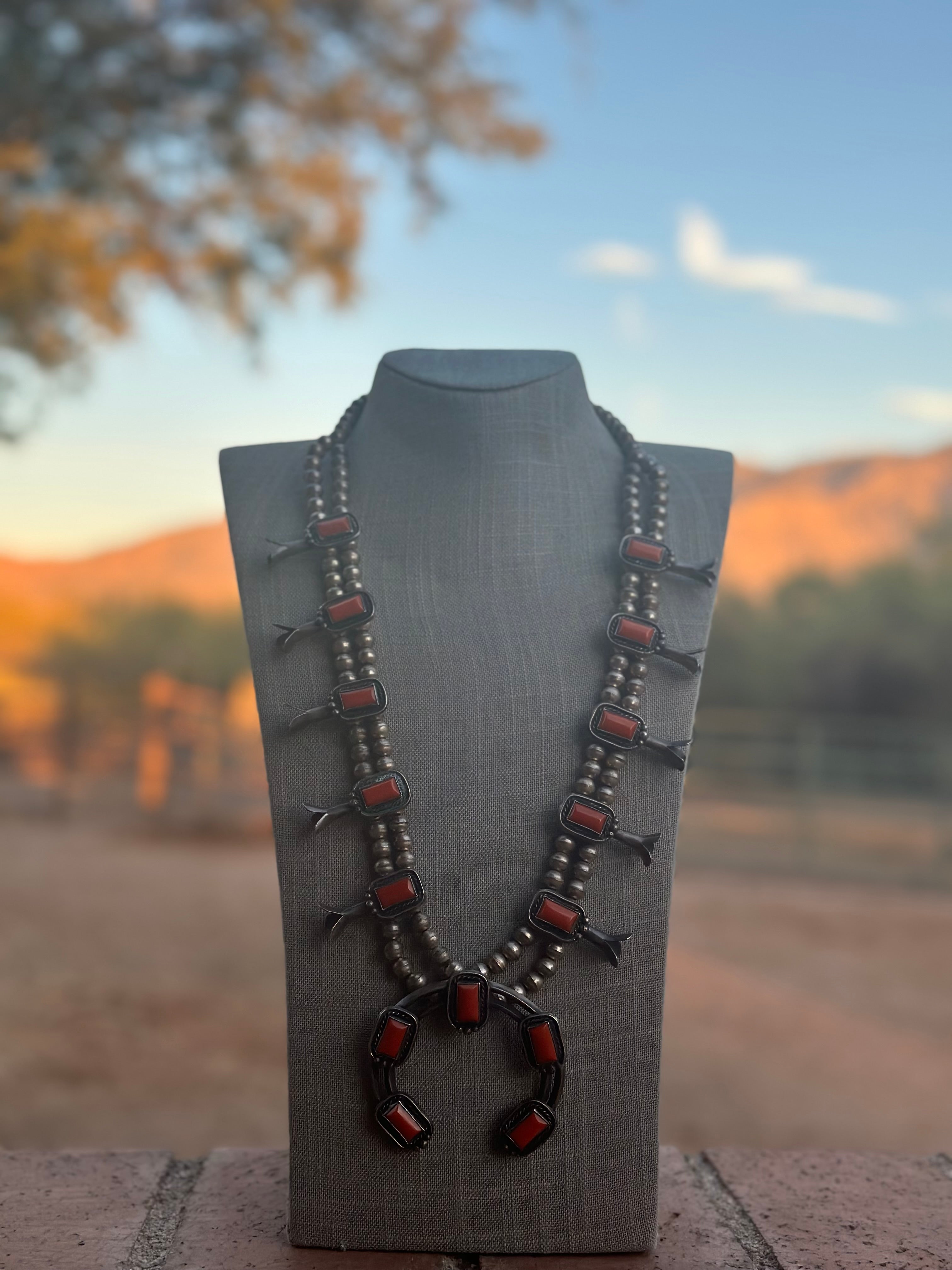 Vintage Navajo Coral & Sterling Silver Squash Blossom Necklace