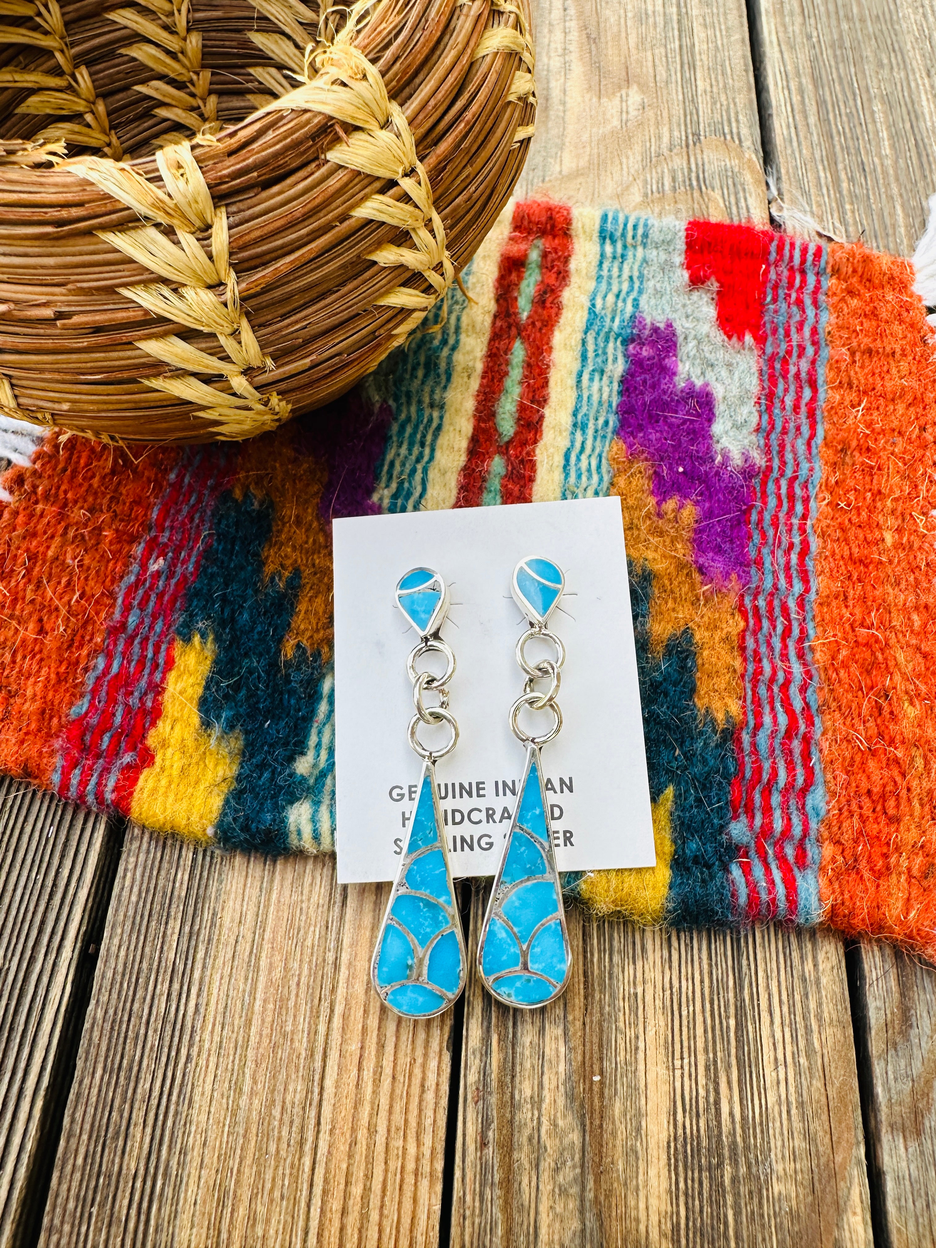 Handcrafted Turquoise & Sterling Silver Inlay Teardrop Dangle Earrings