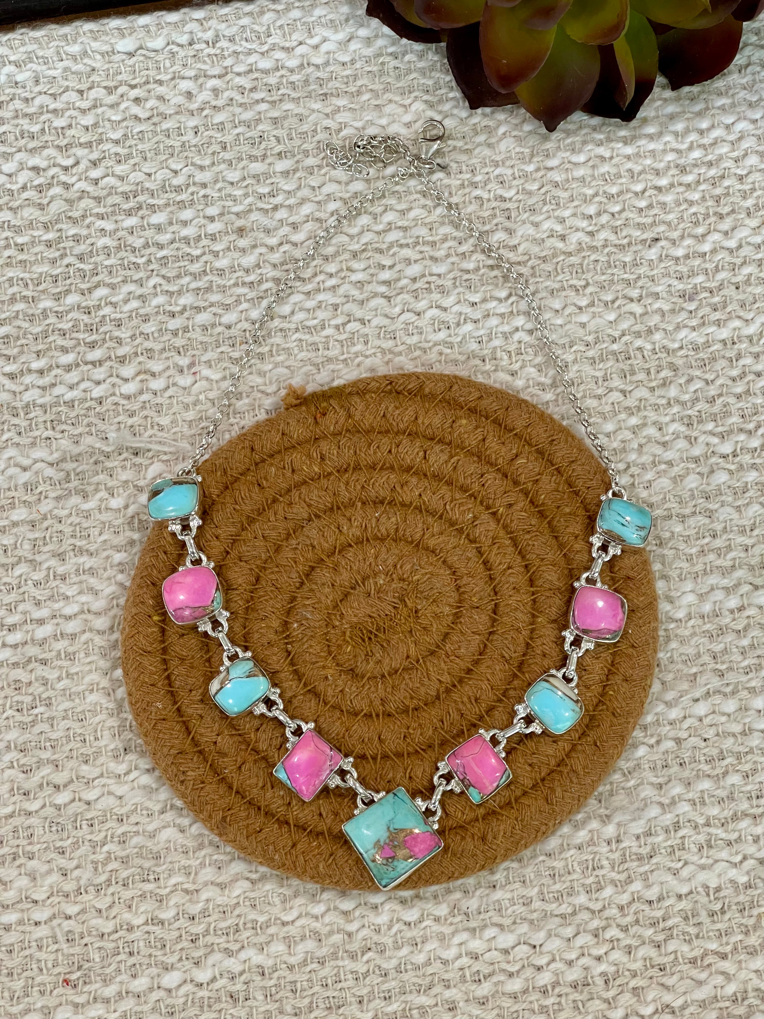 Handmade Sterling Silver Cotton Candy Turquoise Necklace with Signed Nizhoni