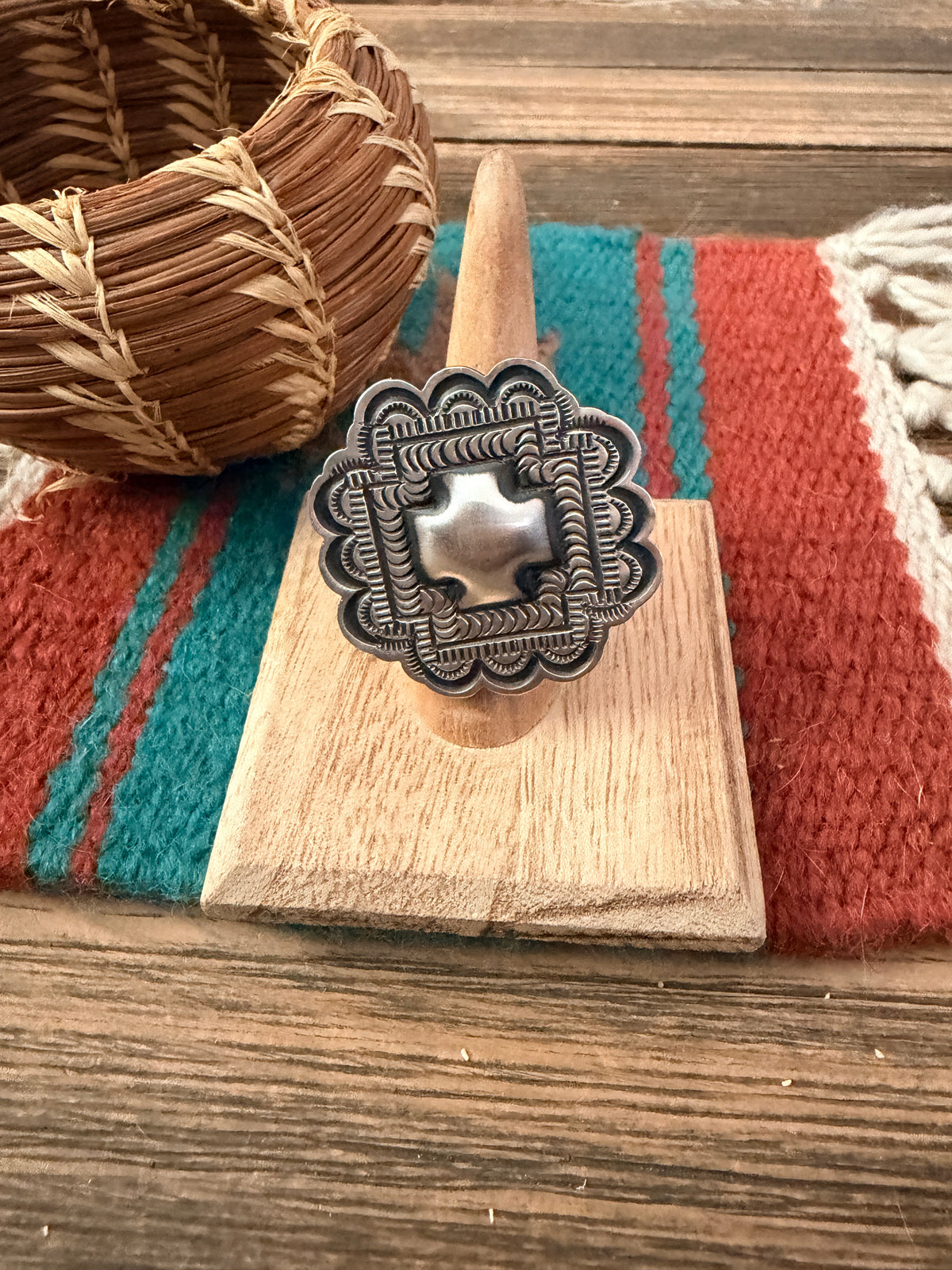 Handcrafted Sterling Silver Adjustable Concho Ring by Leander Tahe