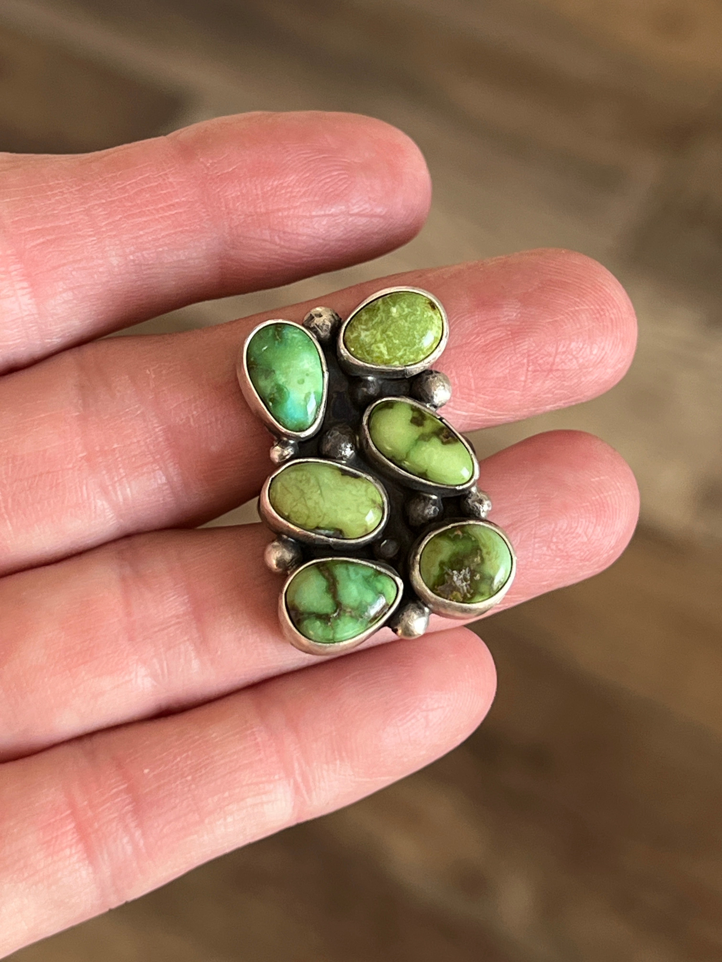 Handcrafted Sterling Silver and Sonoran Gold Turquoise Cluster Rings by Travis Jim, Size 8