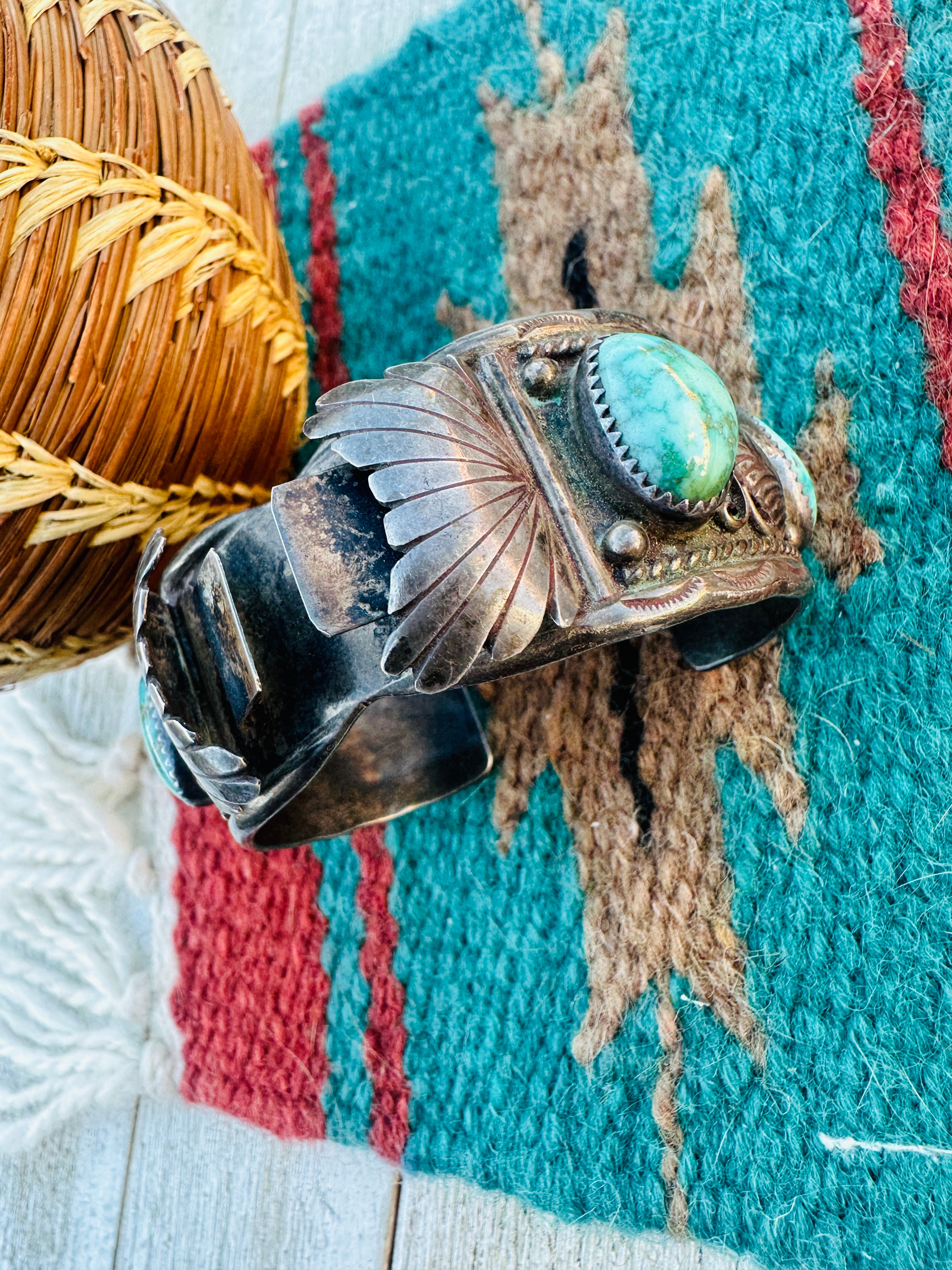 Handcrafted Old Pawn Sterling Silver & Turquoise Watch Cuff Bracelet